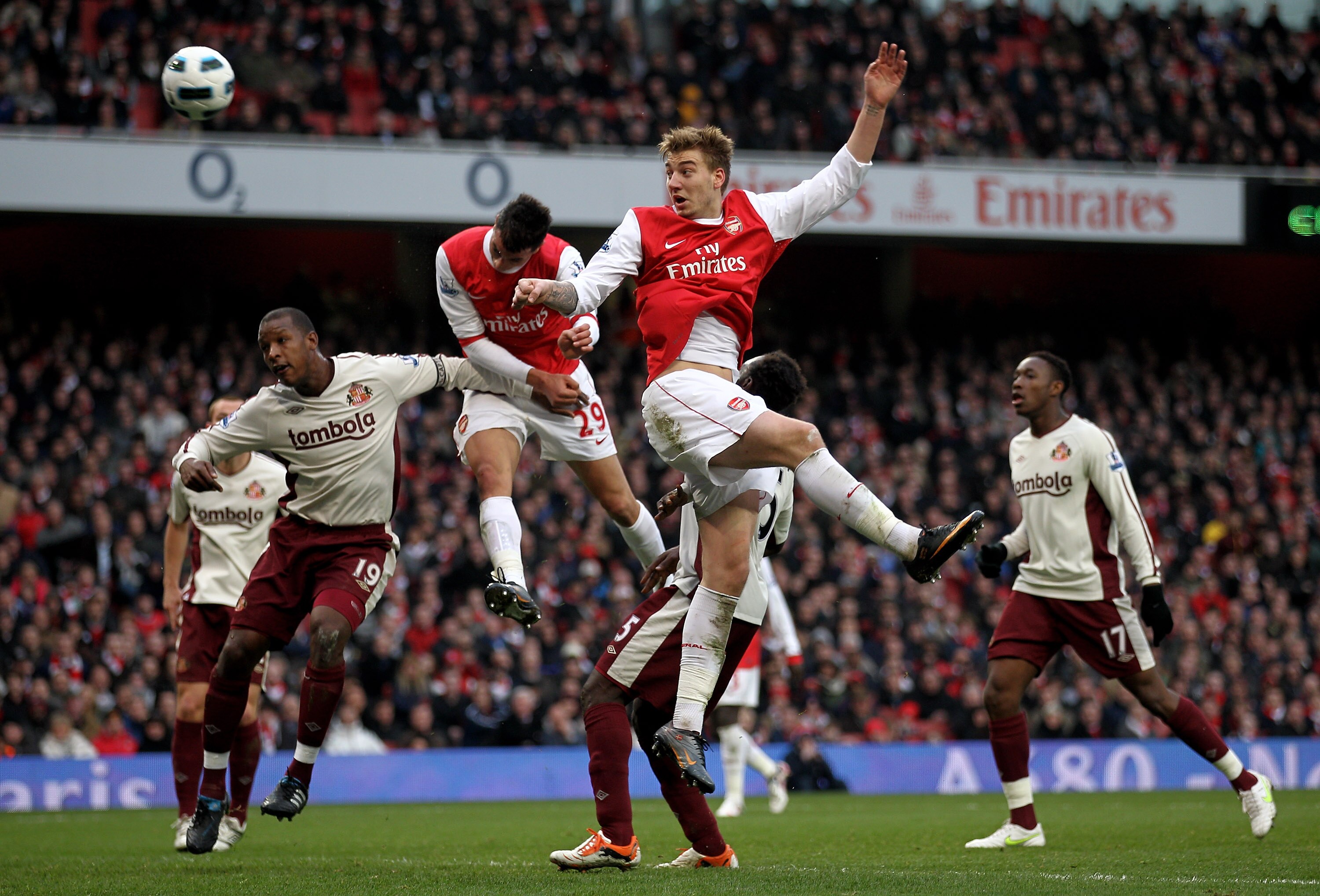 LONDON, ENGLAND - MARCH 05:  Nicklas Bendtner of Arsenal  heads the ball during the Barclays Premier League match between Arsenal and Sunderland at Emirates Stadium on March 5, 2011 in London, England.  (Photo by Paul Gilham/Getty Images)