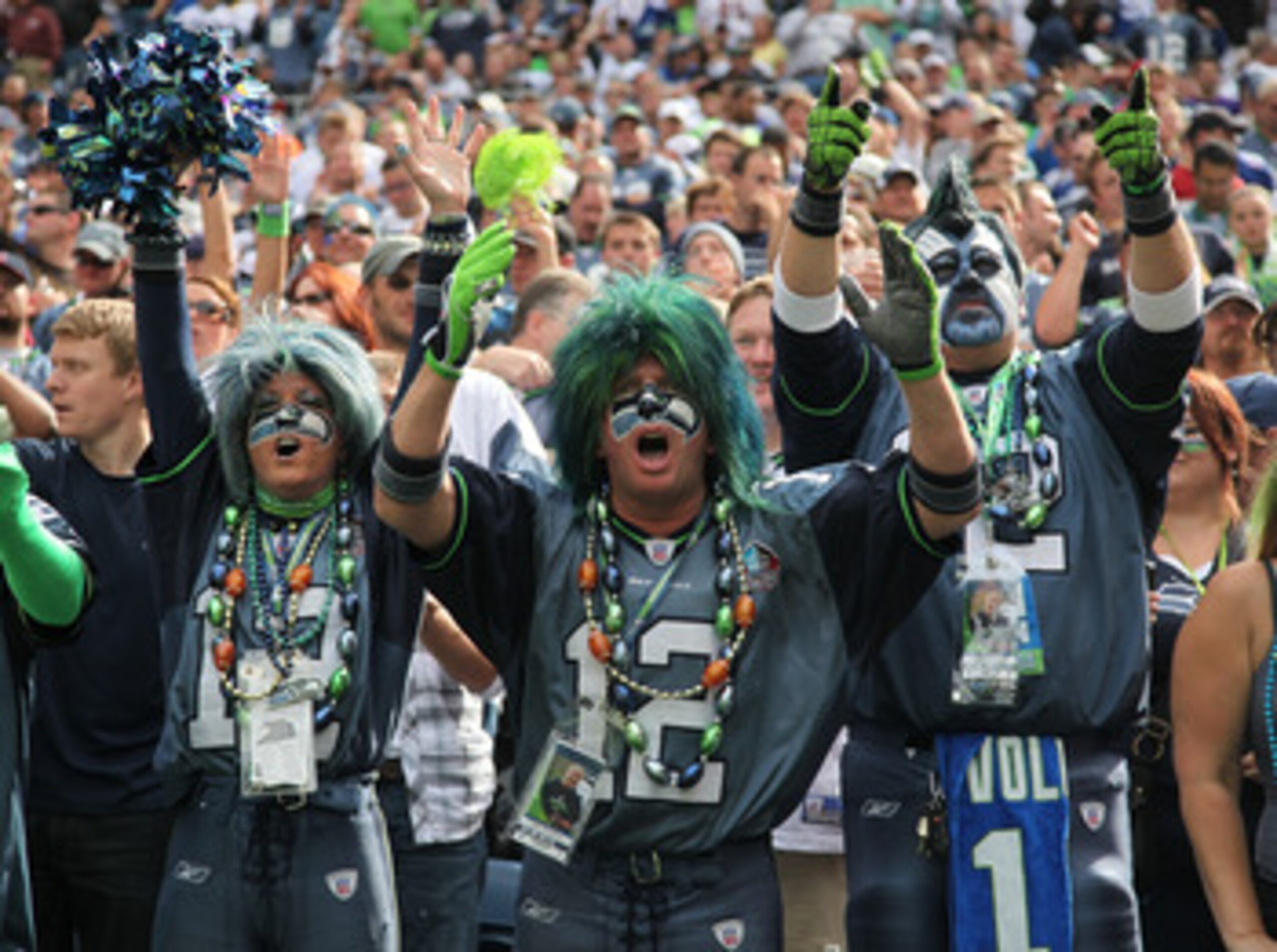 SEATTLE - SEPTEMBER 12: Fans of the Seattle Seahawks cheer during the NFL season opener against the San Francisco 49ers at Qwest Field on September 12, 2010 in Seattle, Washington. The Seahawks defeated the 49ers 31-6. (Photo by Otto Greule Jr/Getty Imag SEATTLE - SEPTEMBER 12: Fans of the Seattle Seahawks cheer during the NFL season opener against the San Francisco 49ers at Qwest Field on September 12, 2010 in Seattle, Washington. The Seahawks defeated the 49ers 31-6. (Photo by Otto Greule Jr/Getty Imag