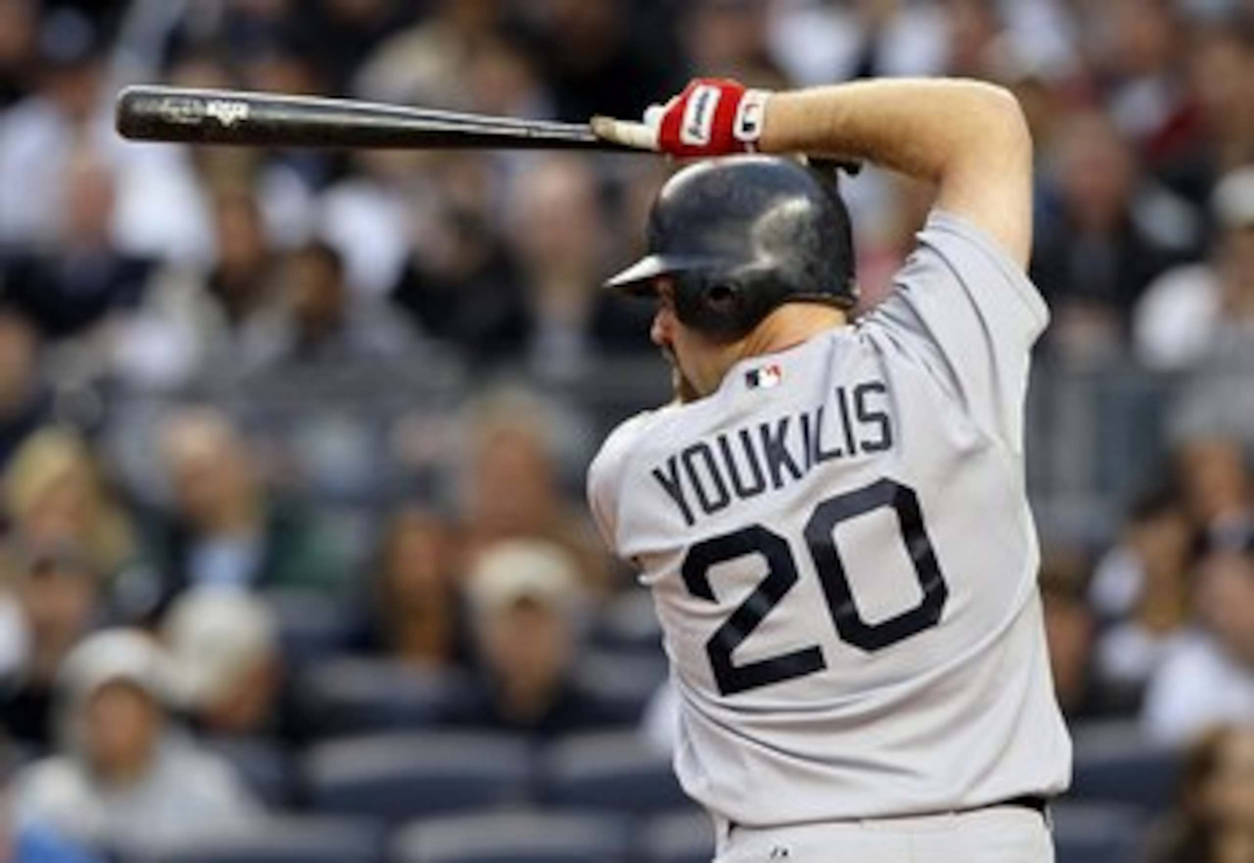 NEW YORK, NY - MAY 14:  Kevin Youkilis #20 of the Boston Red Sox bats against the New York Yankees on May 14, 2011 at Yankee Stadium in the Bronx borough of New York City.  (Photo by Jim McIsaac/Getty Images)