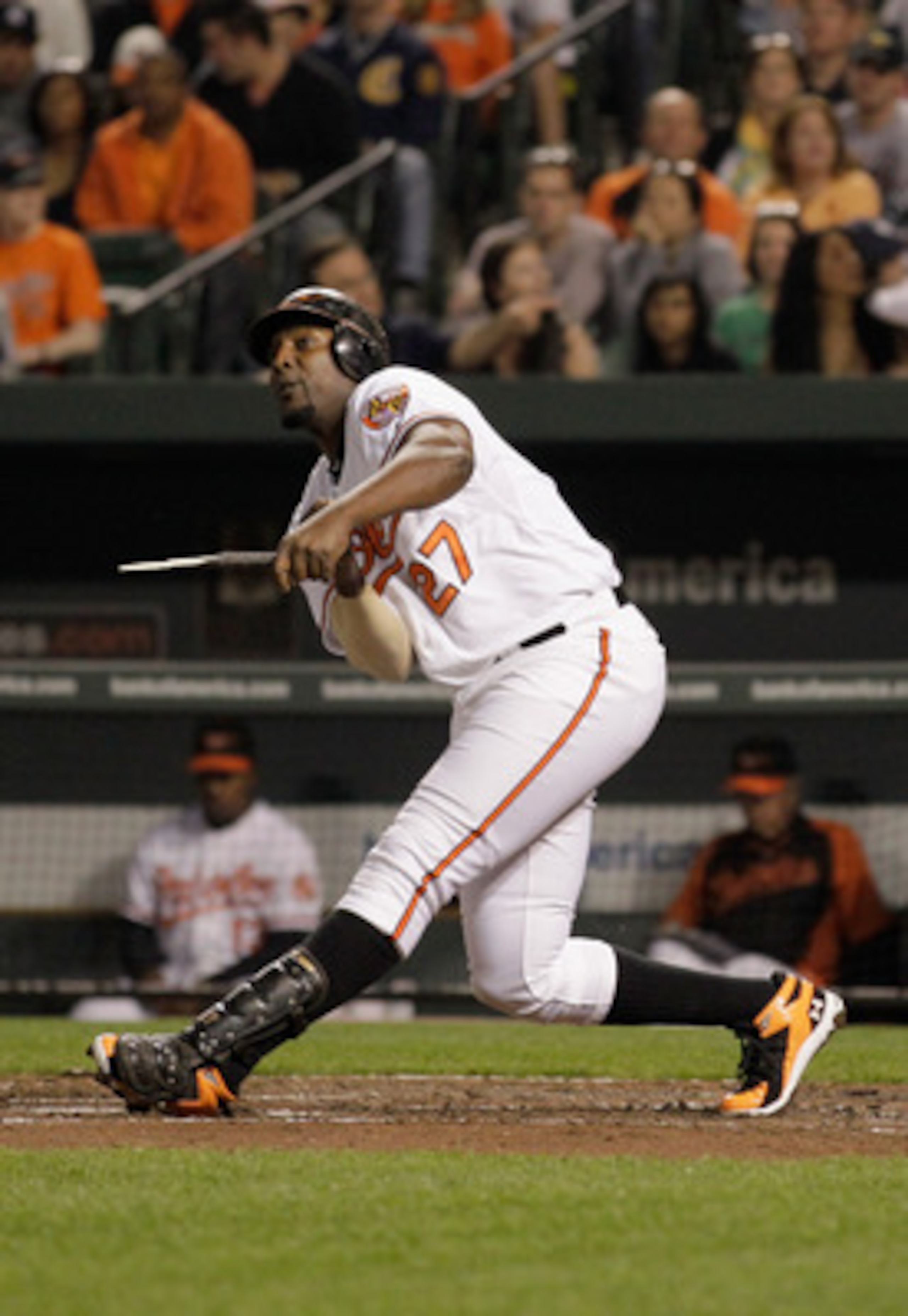 BALTIMORE, MD - APRIL 23:  Vladimir Guerrero #27 of the Baltimore Orioles swings at a pitch against the New York Yankees at Oriole Park at Camden Yards on April 23, 2011 in Baltimore, Maryland.  (Photo by Rob Carr/Getty Images)