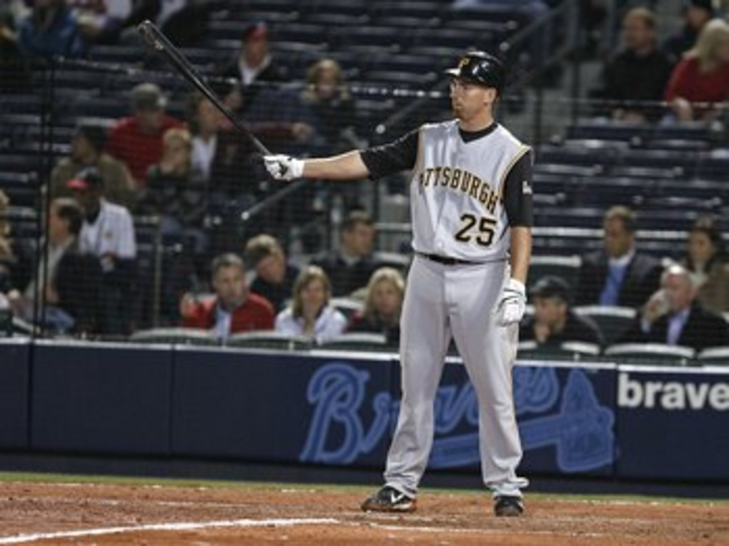 ATLANTA - MARCH 31: Adam LaRoche #25 of the Pittsburgh Pirates stands in the batter's box during the game against the Atlanta Braves on March 31, 2008 at Turner Field in Atlanta, Georgia.  The Pirates beat the Braves 12-11 in 12 innings.  (Photo by Mike Z
