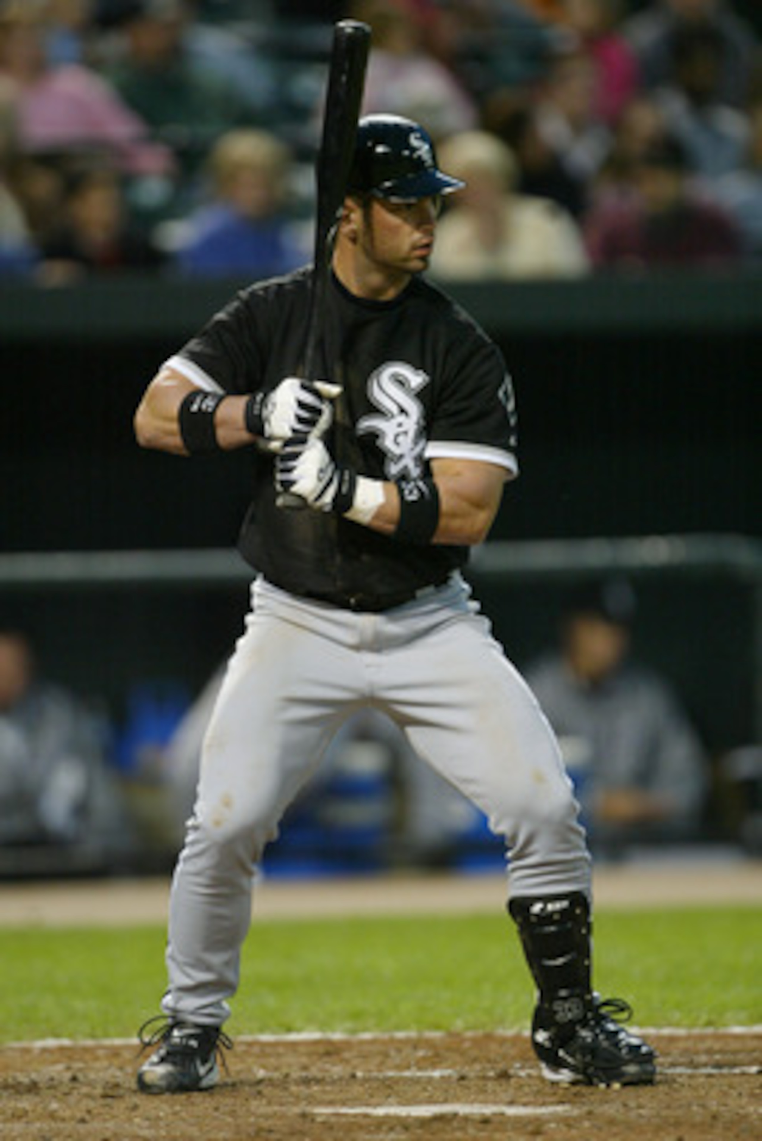 BALTIMORE - MAY 4:  Aaron Rowand #33 of the Chicago White Sox bats against the Baltimore Orioles during the MLB game at Oriole Park at Camden Yards on May 4, 2004 in Baltimore, Maryland. The Orioles won 10-3.  (Photo by Doug Pensinger/Getty Images)