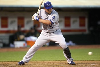 OAKLAND, CA - APRIL 18: Billy Butler #16 of the Kansas City Royals swings at a pitch against the Oakland Athletics during a Major League Baseball game on April 18, 2008 at McAfee Coliseum in Oakland, California. (Photo by Jed Jacobsohn/Getty Images)