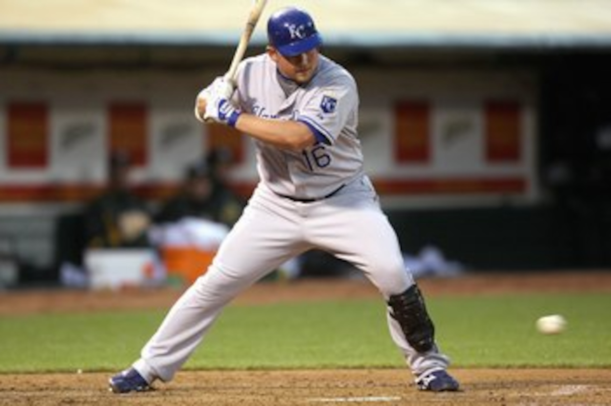 OAKLAND, CA - APRIL 18: Billy Butler #16 of the Kansas City Royals swings at a pitch against the Oakland Athletics during a Major League Baseball game on April 18, 2008 at McAfee Coliseum in Oakland, California. (Photo by Jed Jacobsohn/Getty Images)