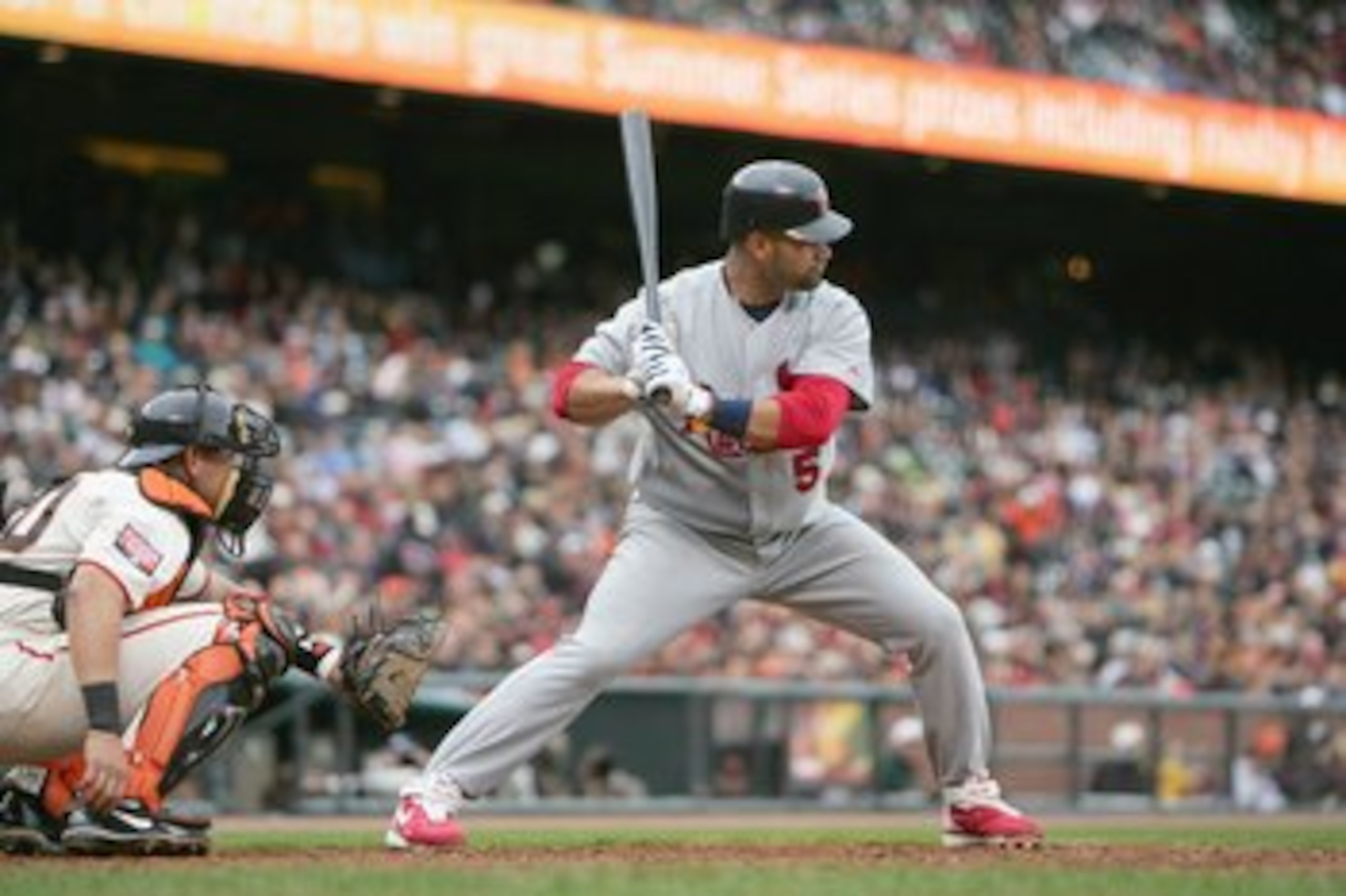 SAN FRANCISCO - APRIL 19: Albert Pujols #5 of the St. Louis Cardinals stands ready at bat against the San Francisco Giants during a Major League Baseball game on April 19, 2007 at AT&T Park in San Francisco, California. (Photo by Jed Jacobsohn/Getty Image