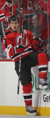 NEWARK, NJ - APRIL 16: Zach Parise #9 of the New Jersey Devils scores a short handed goal in the first period against the Philadelphia Flyers in Game Two of the Eastern Conference Quarterfinals during the 2010 NHL Stanley Cup Playoffs at the Prudential Ce
