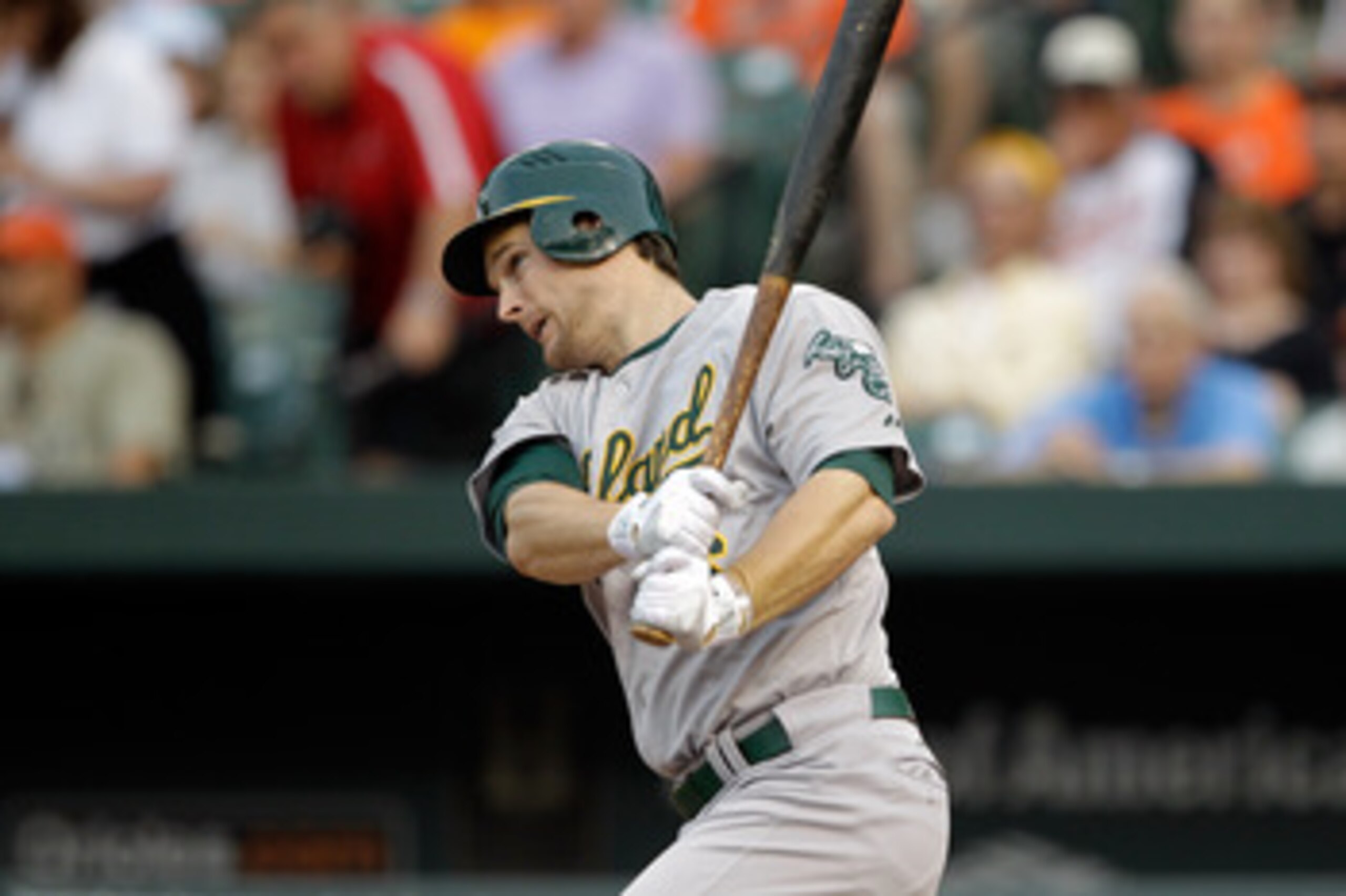 BALTIMORE, MD - JUNE 07:  Josh Willingham #16 of the Oakland Athletics at the plate against the Baltimore Orioles at Oriole Park at Camden Yards on June 7, 2011 in Baltimore, Maryland.  (Photo by Rob Carr/Getty Images)