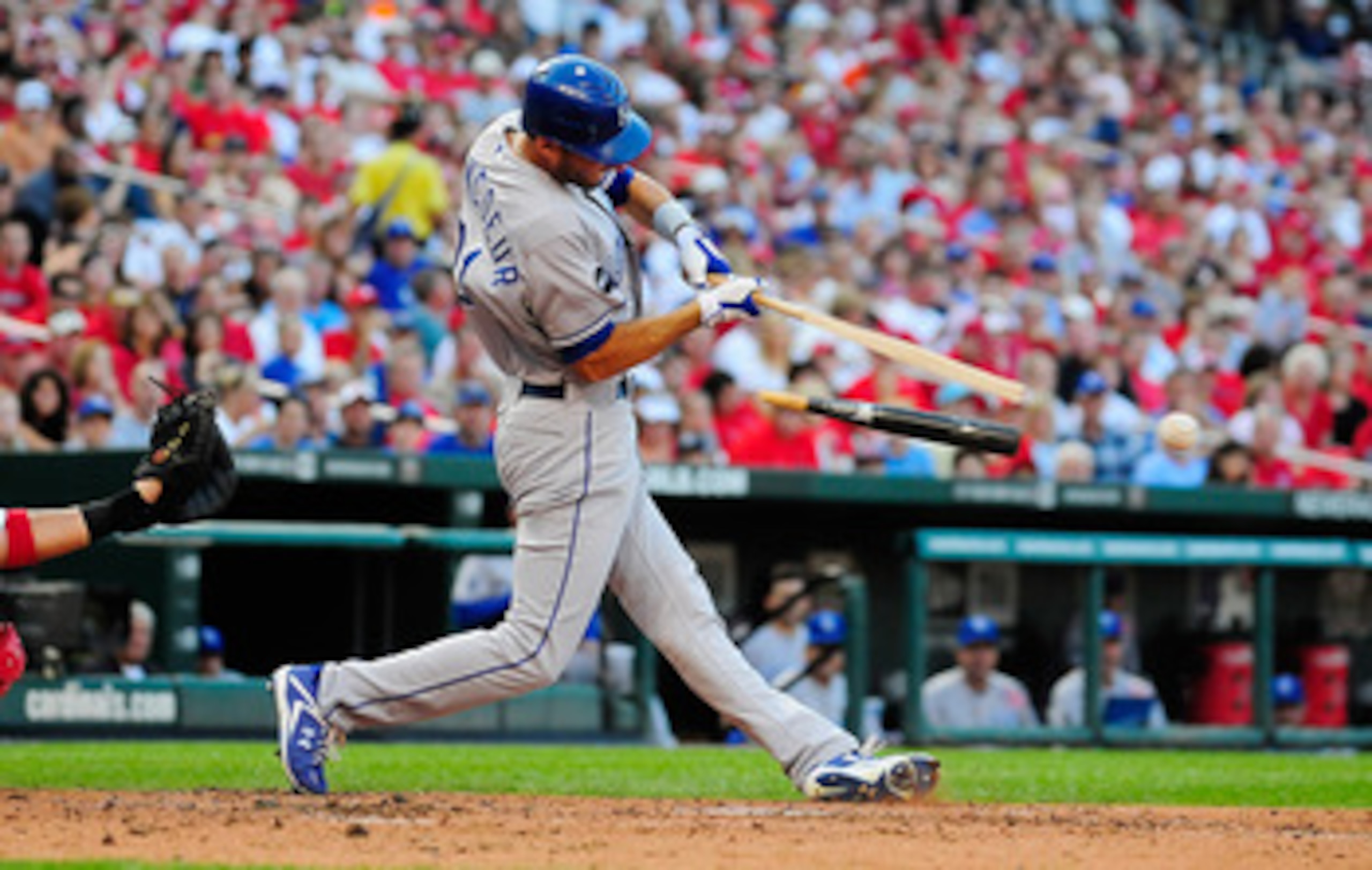 ST. LOUIS, MO - JUNE 18: Jeff Francoeur #21 of the Kansas City Royals breaks hit bat as he connects with a pitch against the St. Louis Cardinals at Busch Stadium on June 18, 2011 in St. Louis, Missouri.  (Photo by Jeff Curry/Getty Images)