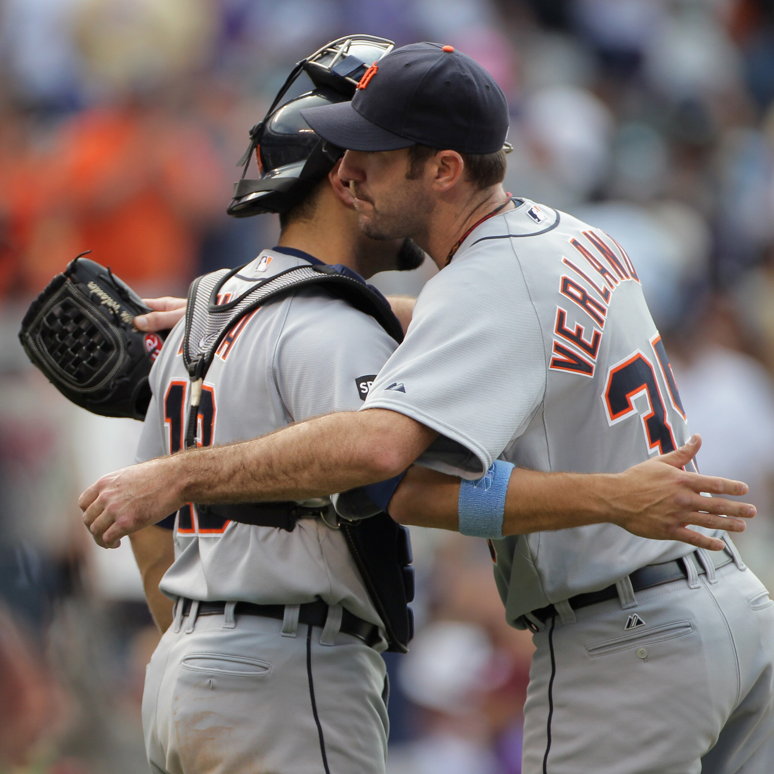 DENVER, CO - JUNE 19:  Catcher Alex Avila #13 and starting pitcher Justin Verlander #35 of the Detroit Tigers celebrate after their victory over the Colorado Rockies at Coors Field on June 19, 2011 in Denver, Colorado. Verlander pitched a complete game an