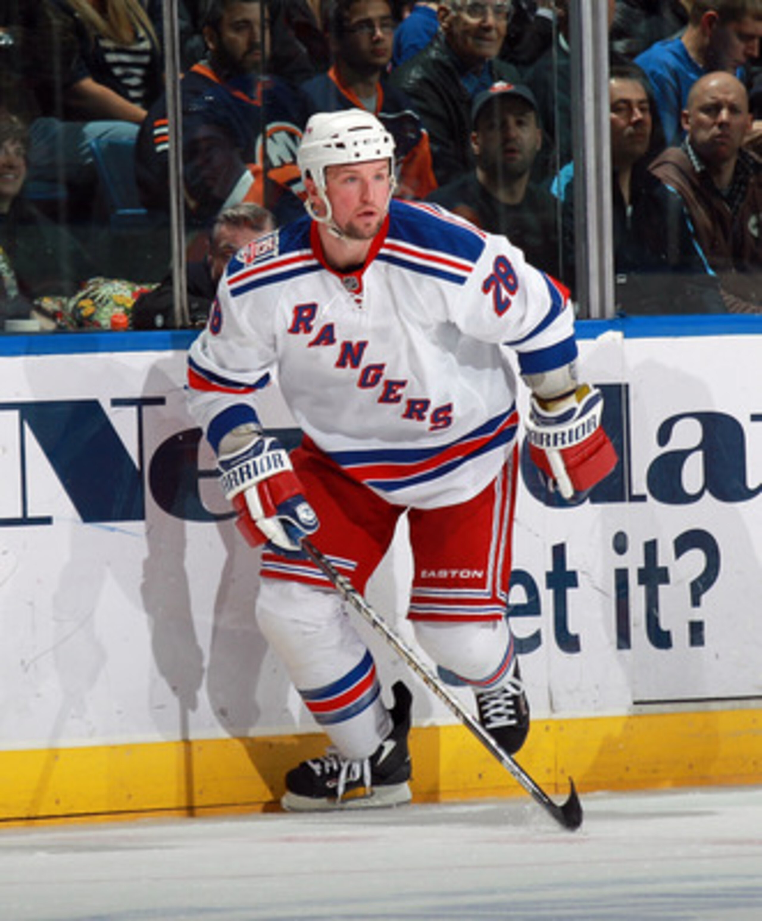 UNIONDALE, NY - MARCH 31:  Bryan McCabe #28 of the New York Rangers skates against the New York Islanders at the Nassau Coliseum on March 31, 2011 in Uniondale, New York.  (Photo by Bruce Bennett/Getty Images)
