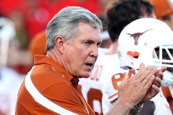 LUBBOCK, TX - SEPTEMBER 18:  Head coach Mack Brown of the Texas Longhorns at Jones AT&T Stadium on September 18, 2010 in Lubbock, Texas.  (Photo by Ronald Martinez/Getty Images)
