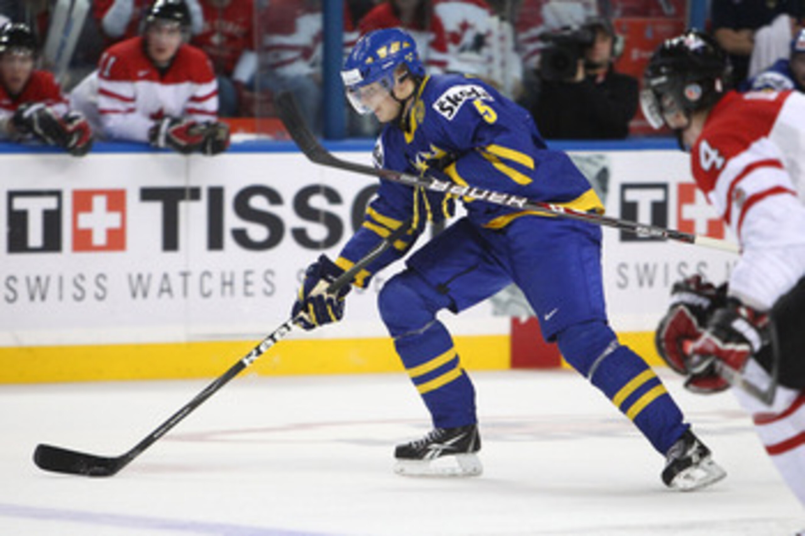BUFFALO, NY - DECEMBER 31: Defenseman Adam Larsson #5 of Sweden carries the puck during the 2011 IIHF World U20 Championship game between Canada and Sweden on December 31, 2010 at HSBC Arena in Buffalo, New York. (Photo by Tom Szczerbowski/Getty Images) BUFFALO, NY - DECEMBER 31: Defenseman Adam Larsson #5 of Sweden carries the puck during the 2011 IIHF World U20 Championship game between Canada and Sweden on December 31, 2010 at HSBC Arena in Buffalo, New York. (Photo by Tom Szczerbowski/Getty Images)