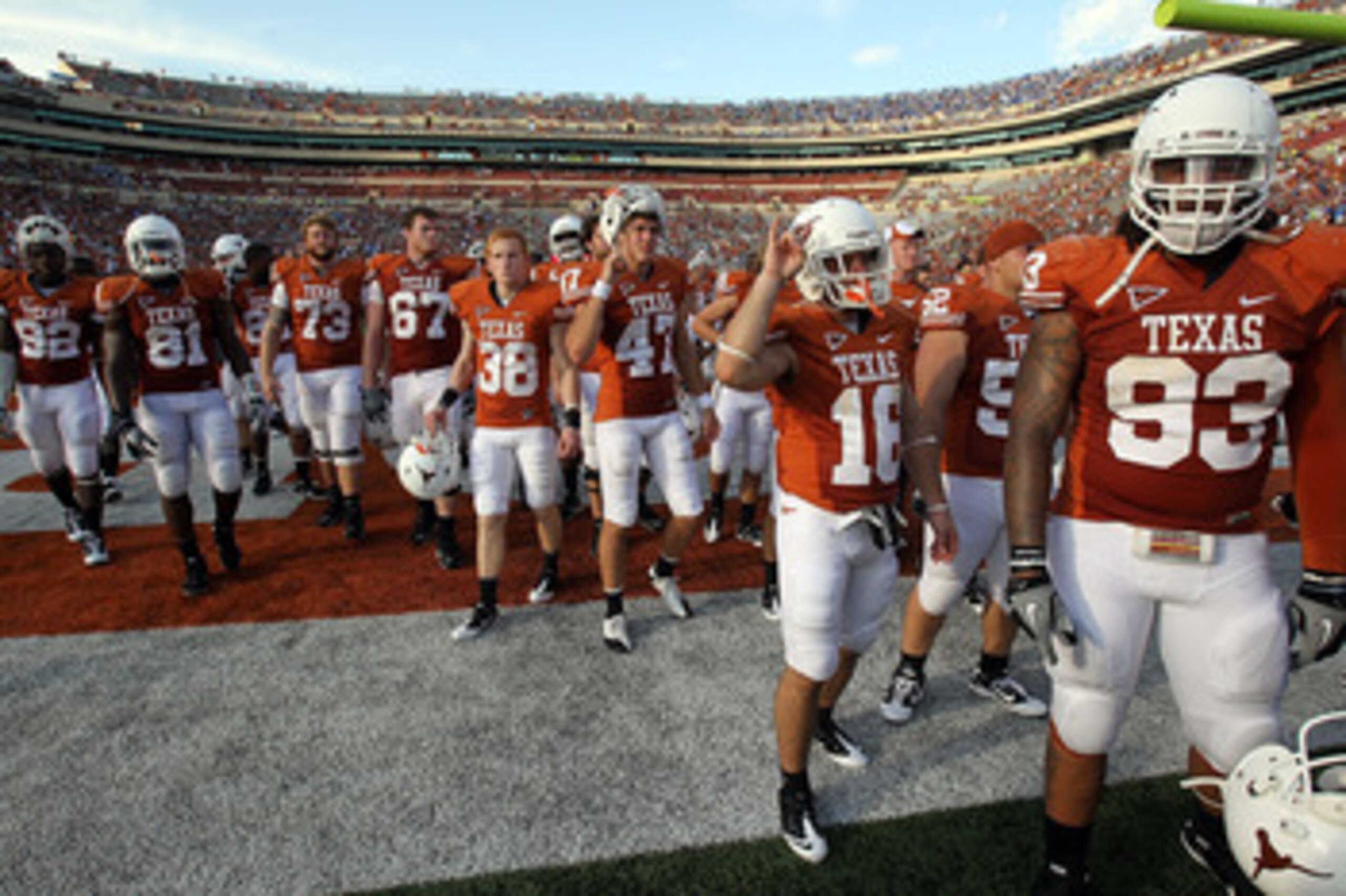 AUSTIN, TX - SEPTEMBER 25:  The Texas Longhorns walk off the field after a 34-12 loss against the UCLA Bruins at Darrell K Royal-Texas Memorial Stadium on September 25, 2010 in Austin, Texas.  (Photo by Ronald Martinez/Getty Images)