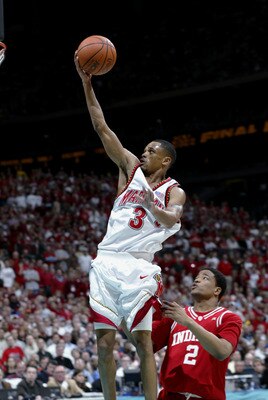 1 Apr 2002:  Juan Dixon #3 of Maryland drives past A.J. Moye #2 of Indiana during the men's NCAA National Championship game at the Georgia Dome in Atlanta, Georgia.  DIGITAL IMAGE Mandatory Credit:  Jamie Squire/ESPN/ Getty Images