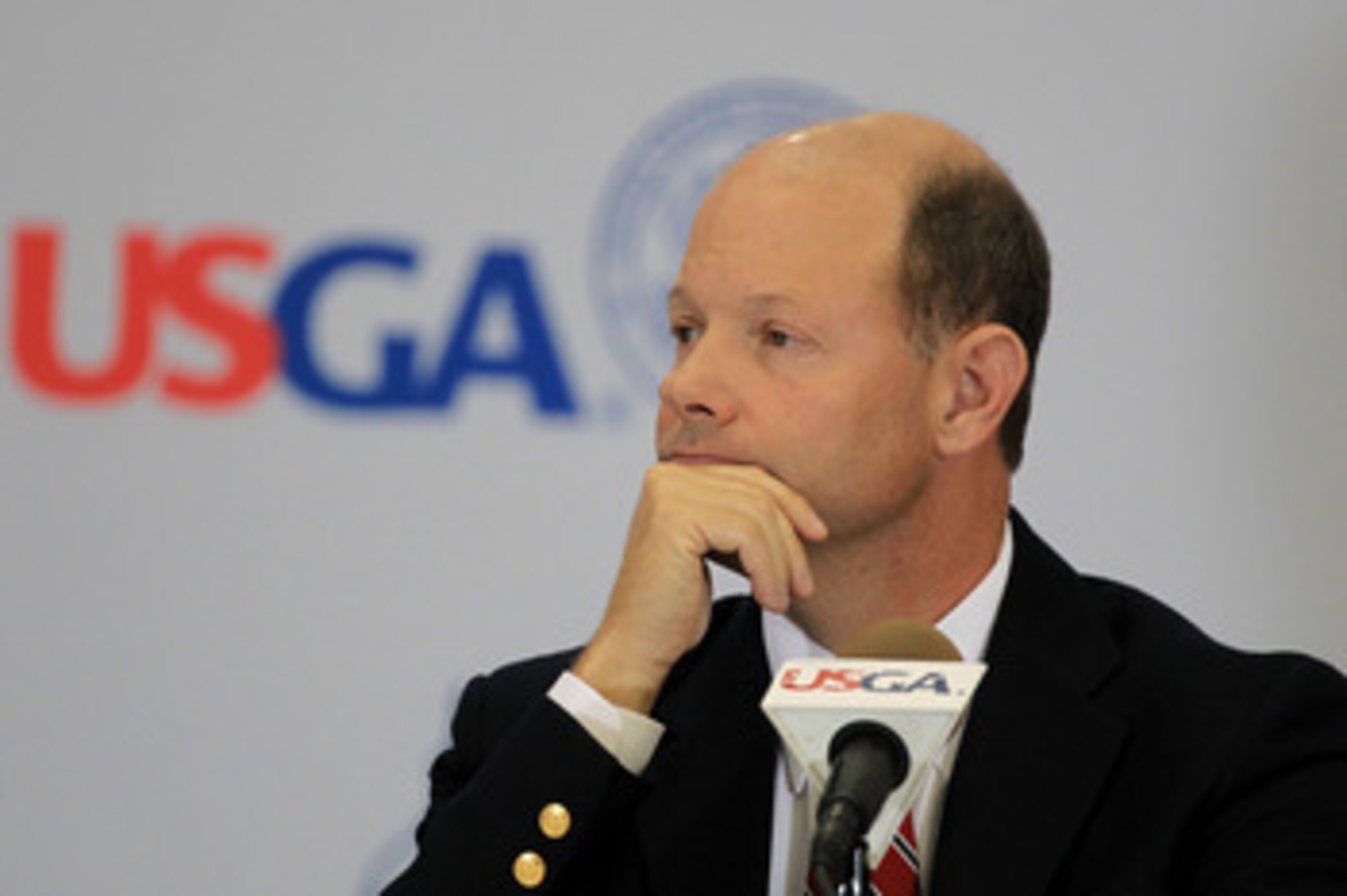 BETHESDA, MD - JUNE 15:  Mike Davis, Executive Director of the USGA, speaks to the media during a press conference during a practice round prior to the start of the 111th U.S. Open at Congressional Country Club on June 15, 2011 in Bethesda, Maryland.  (Ph