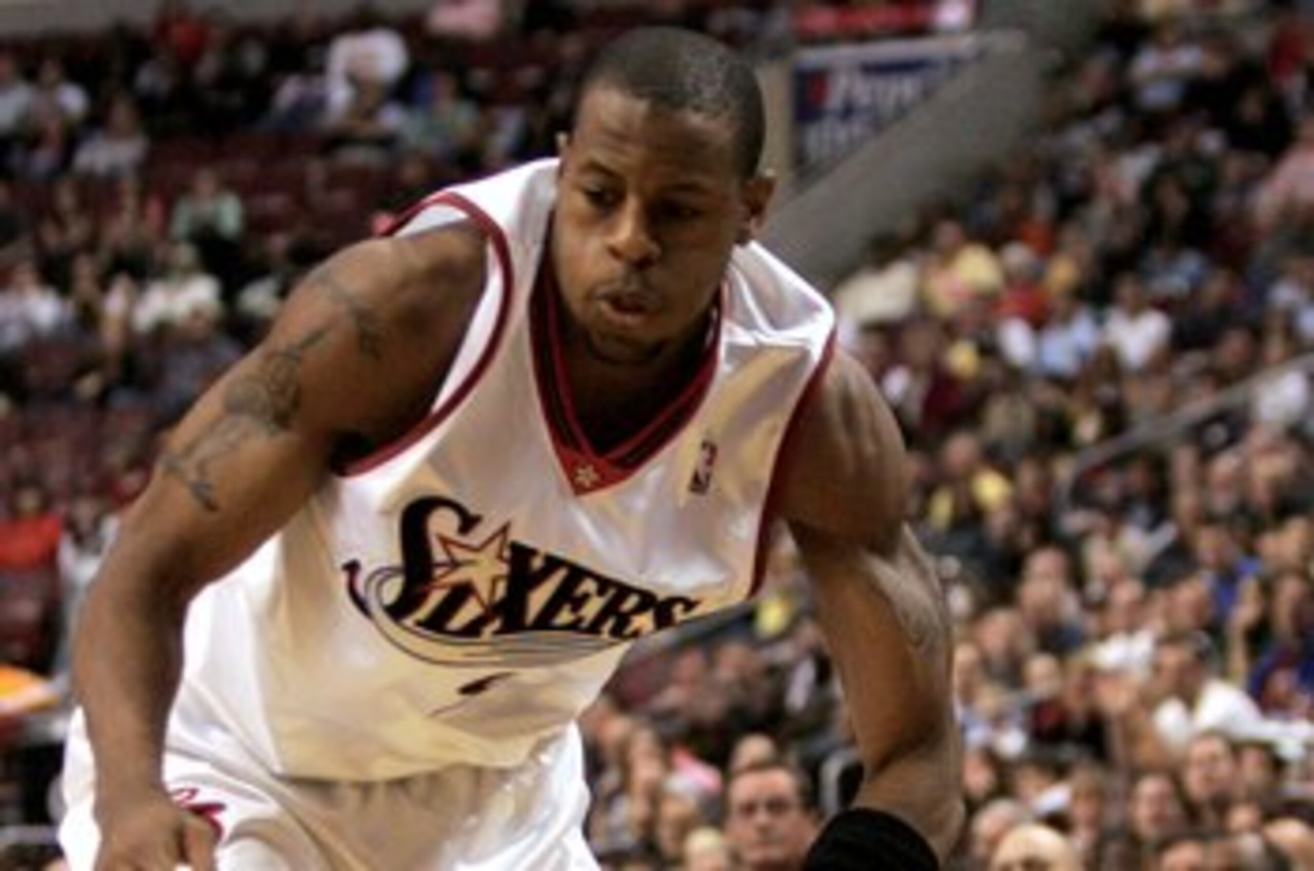 PHILADELPHIA - NOVEMBER 01:  Andre Iguodala #9  of the Philadelphia 76ers gets past Josh Smith #5 of the Atlanta Hawks on November 1, 2006 at the Wachovia Center in Philadelphia, Pennsylvania.  NOTE TO USER: User expressly acknowledges and agrees that, by