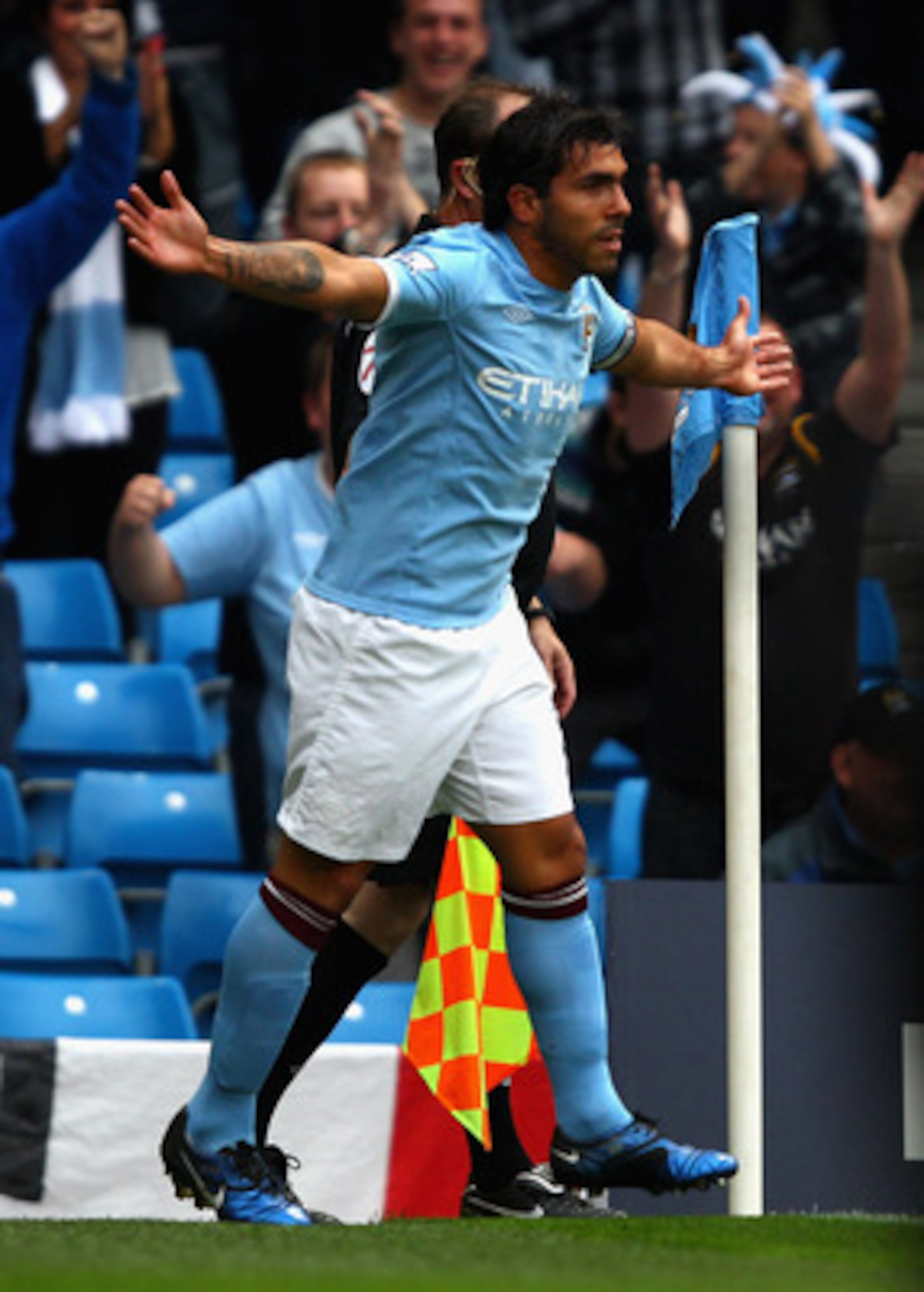 MANCHESTER, ENGLAND - MAY 17:  Carlos Tevez of Manchester City celebrates after scoring the first goal during the Barclays Premier League match between Manchester City and Stoke City at City of Manchester Stadium on May 17, 2011 in Manchester, England.  (