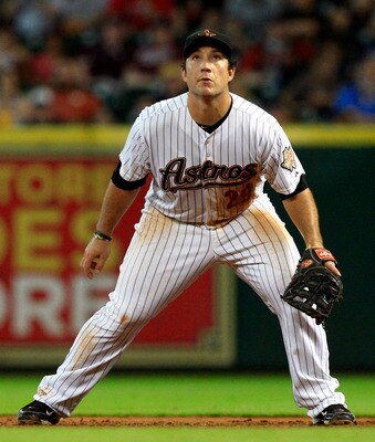 HOUSTON - JUNE 10:  First baseman Brett Wallace #29 of the Houston Astros watches the ball leave the park off the bat of Freddie Freeman of the Atlanta Braves at Minute Maid Park on June 10, 2011 in Houston, Texas.  (Photo by Bob Levey/Getty Images)