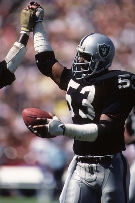 LOS ANGELES - SEPTEMBER 11:  Tight End Rod Martin #53 of the Los Angeles Raiders celebrates with teammates during the game against Houston Oilers at the Los Angeles Memorial Coliseum on September 11, 1983 in Los Angeles, California.  The Raiders won 20-6.