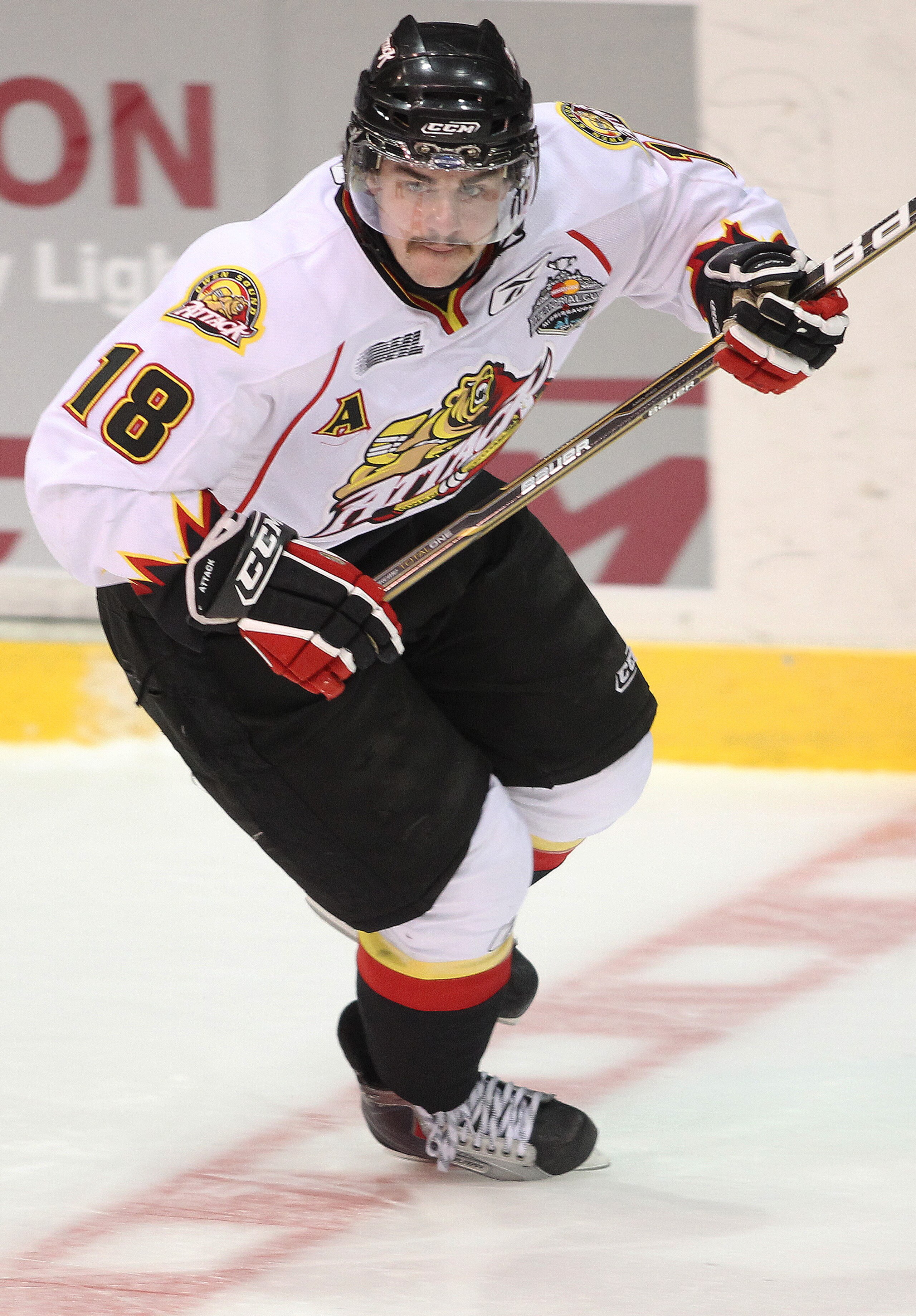 MISSISSAUGA, CANADA - MAY 21:  Joey Hishon #18 of the Owen Sound Attack skates against the Kootenay Ice during the 2011 CHL Mastercard Memorial Cup game on May 21, 2011 at the Hershey Centre in Mississauga, Canada. The Attack defeated the Ice 5-0. (Photo