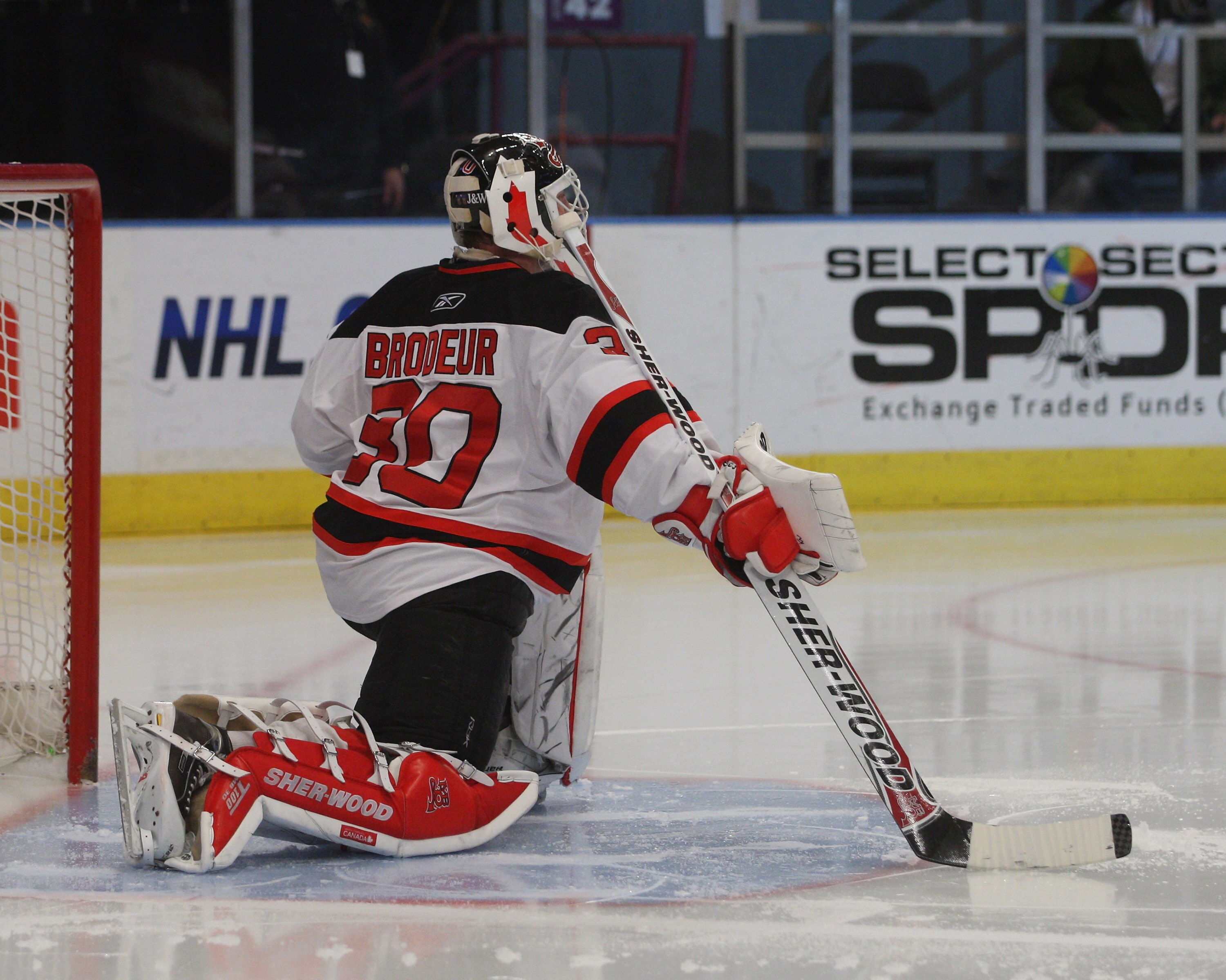 NEW YORK, NY - APRIL 09:  Martin Brodeur #30 of the New Jersey Devils stretches prior to the game against the New York Rangers at Madison Square Garden on April 9, 2011 in New York City.  (Photo by Jonathan Klein/Getty Images)