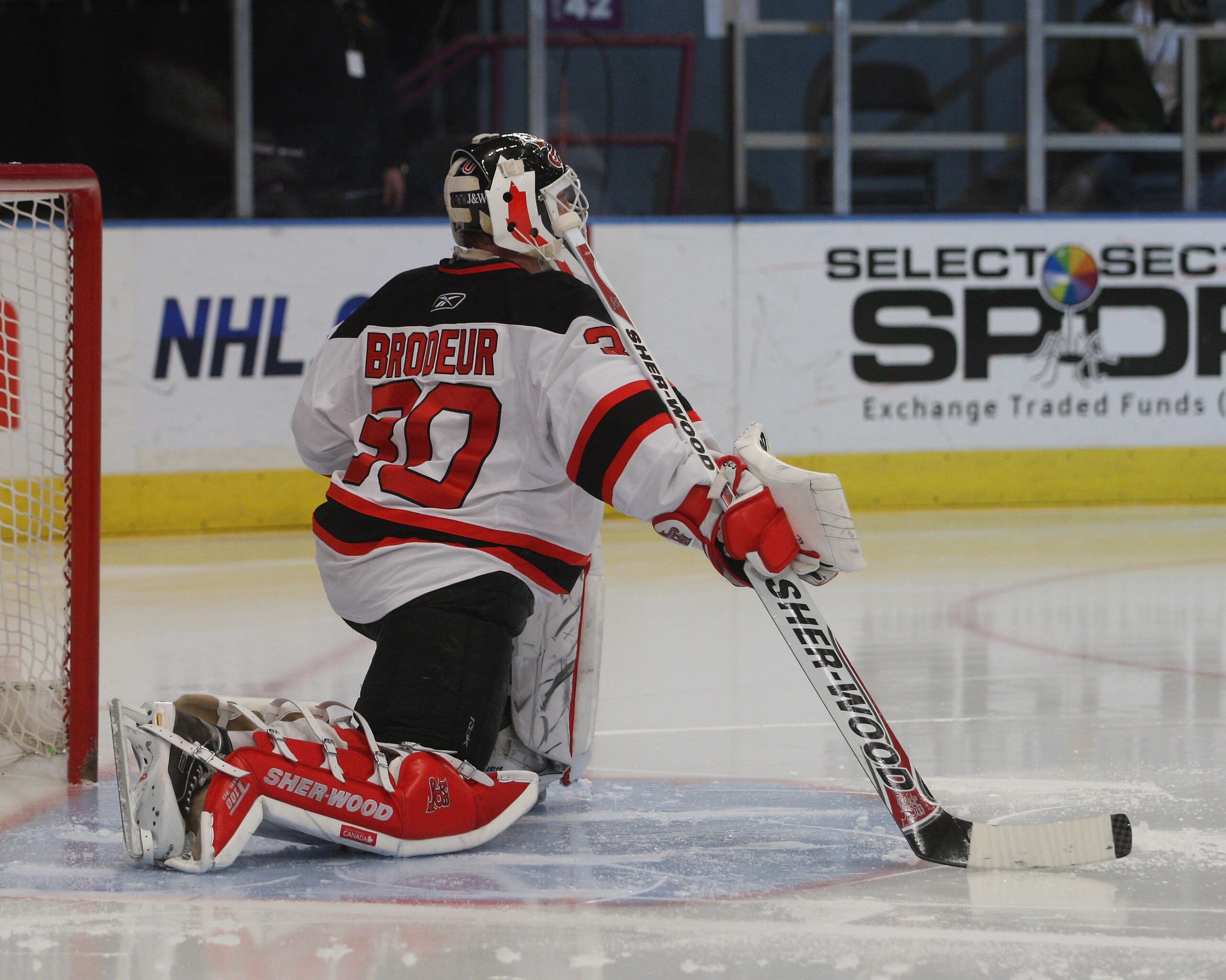 NEW YORK, NY - APRIL 09:  Martin Brodeur #30 of the New Jersey Devils stretches prior to the game against the New York Rangers at Madison Square Garden on April 9, 2011 in New York City.  (Photo by Jonathan Klein/Getty Images)