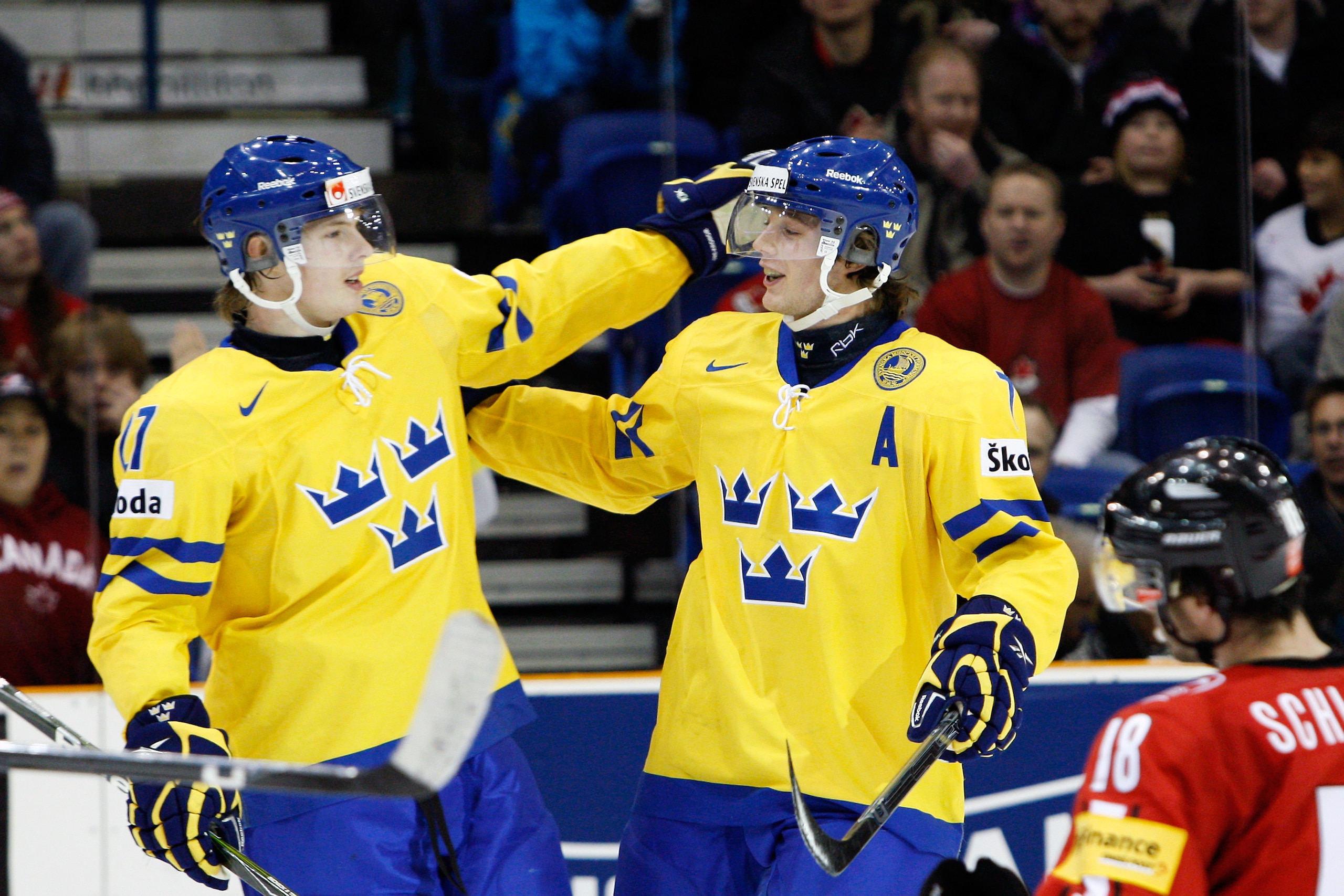 SASKATOON, SK - JANUARY 5:  David Rundblad #7 of Team Sweden celebrates his thrid period goal with teammate Carl Klingberg #17 of Team Sweden during the 2010 IIHF World Junior Championship Tournament Bronze Medal game on January 5, 2010 at the Credit Unio