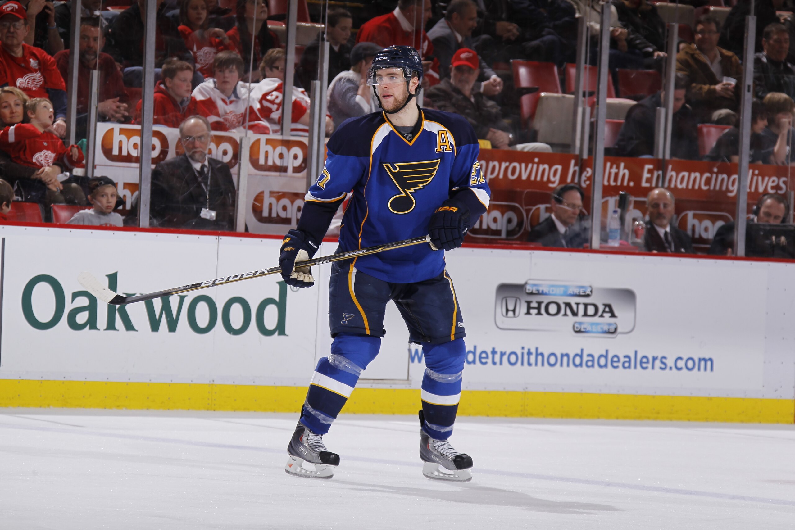 DETROIT, MI - MARCH 30:  Alex Pietrangelo #27 of the St. Louis Blues skates against the Detroit Red Wings at Joe Louis Arena on March 30, 2011 in Detroit, Michigan.  (Photo by Gregory Shamus/Getty Images)