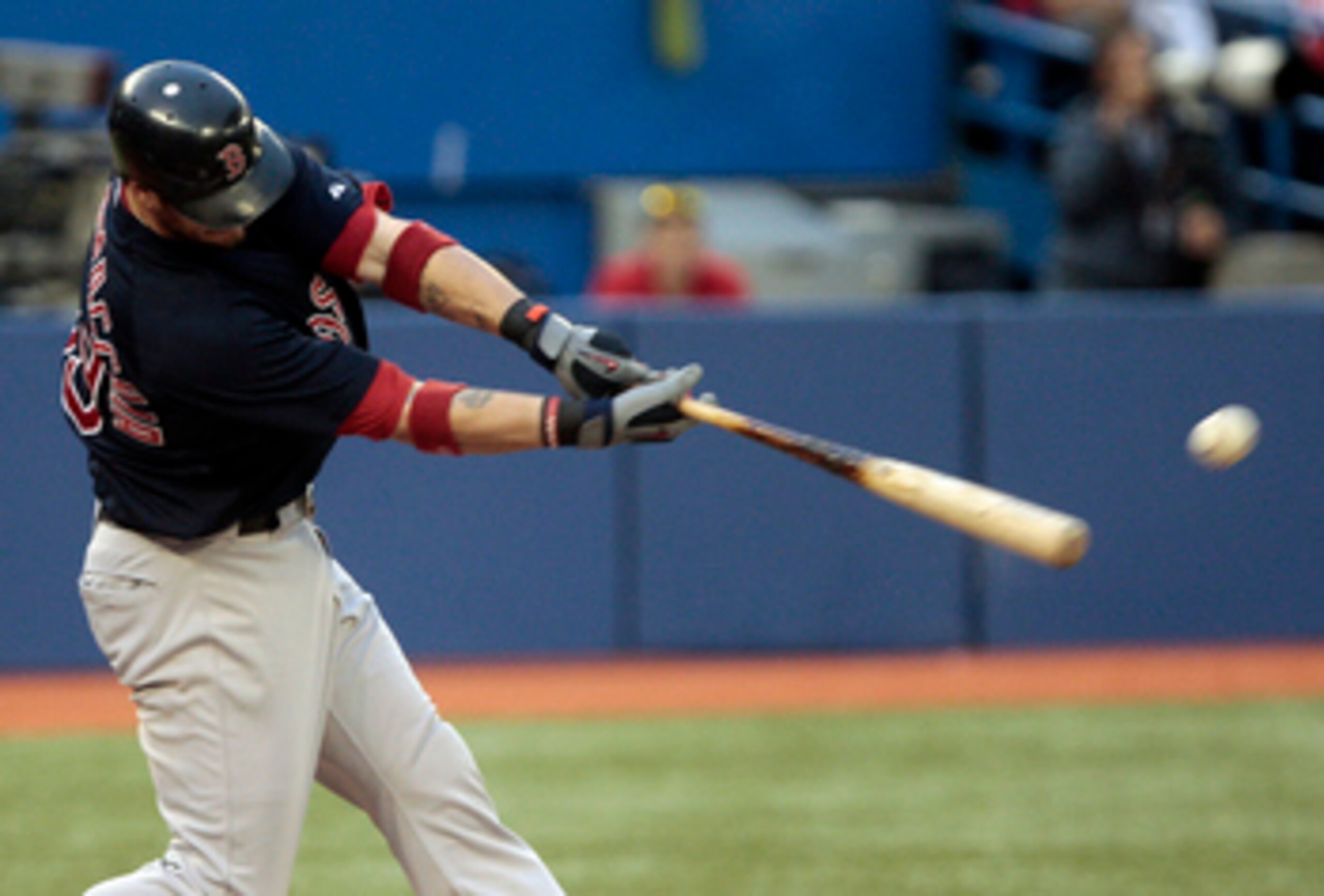 TORONTO, CANADA - JUNE 10:  Jarrod Saltalamacchia #39 of the Boston Red Sox hits during MLB action against the Toronto Blue Jays at The Rogers Centre June 10, 2011 in Toronto, Ontario, Canada. (Photo by Abelimages/Getty Images)