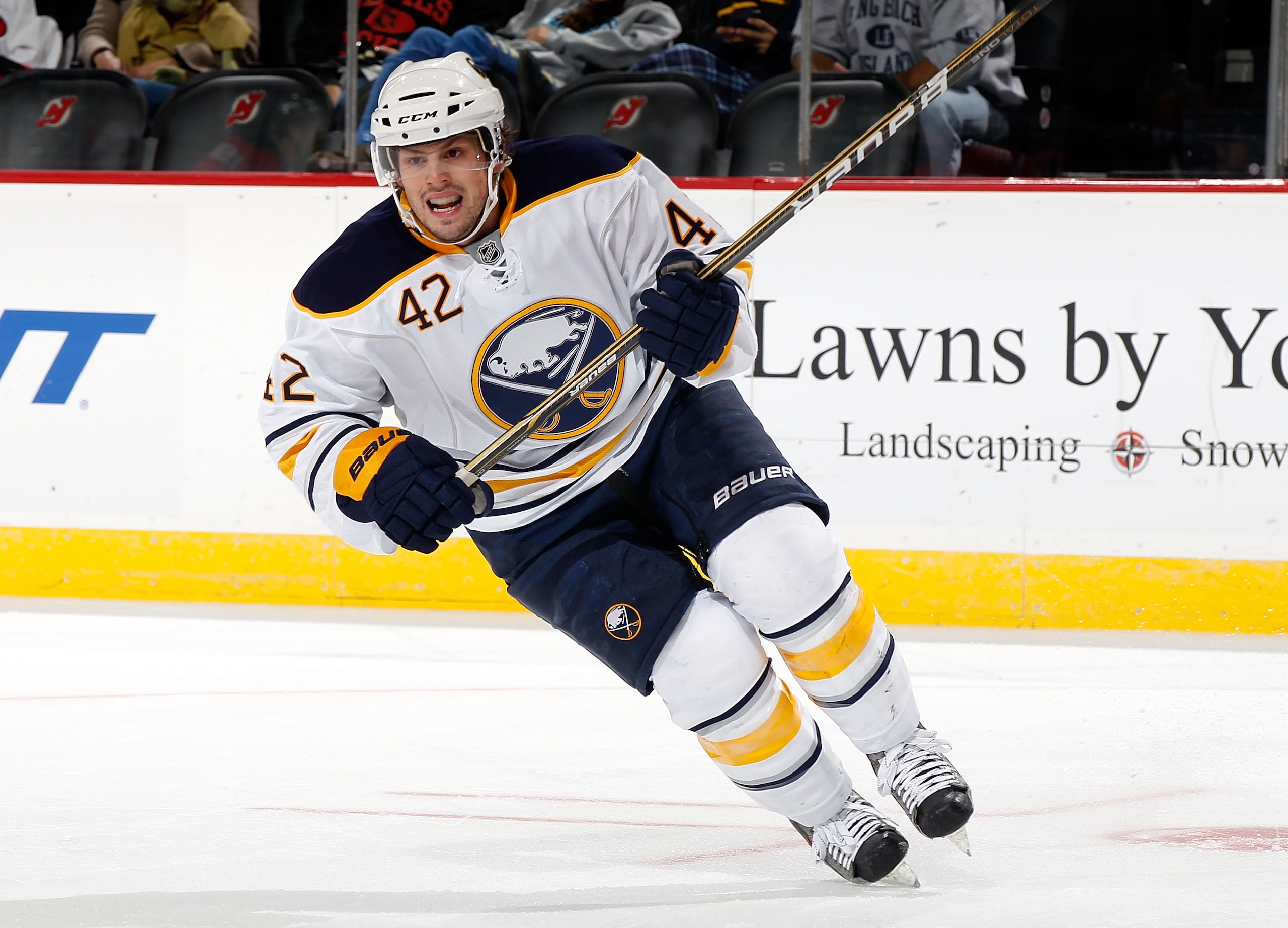 NEWARK, NJ - OCTOBER 23:  Nathan Gerbe #42 of the Buffalo Sabres skates against the New Jersey Devils on October 23, 2010 at the Prudential Center in Newark, New Jersey. Sabres defeated the Devils 6-1.  (Photo by Mike Stobe/Getty Images)