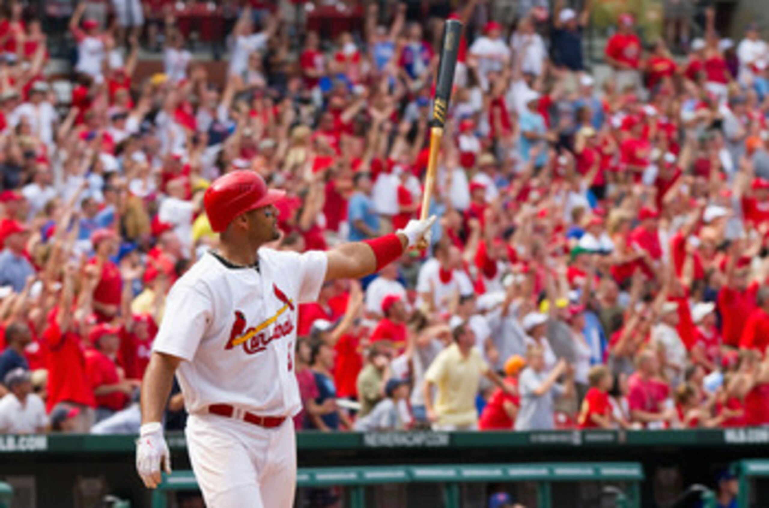 ST. LOUIS, MO - JUNE 5: Albert Pujols #5 of the St. Louis Cardinals watches his walk-off home run against the Chicago Cubs leave the field at Busch Stadium on June 5, 2011 in St. Louis, Missouri.  The Cardinals beat the Cubs 3-2 in 10 innings.  (Photo by