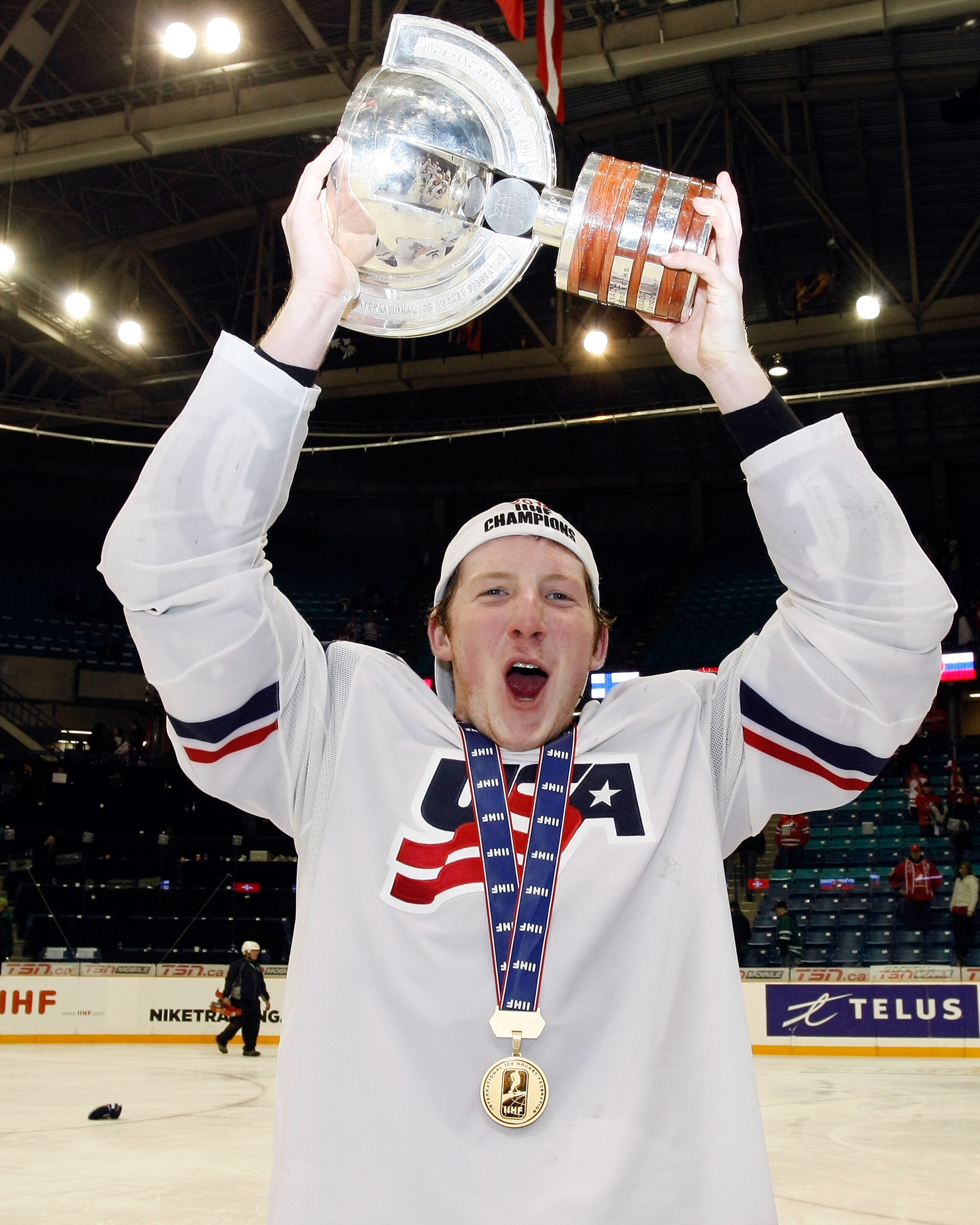 SASKATOON, SK - JANUARY 5:  Danny Kristo #8 of Team USA holds up the IIHF Cup after defeating Team Canada 6-5 in overtime at the 2010 IIHF World Junior Championship Tournament Gold Medal game on January 5, 2010 at the Credit Union Centre in Saskatoon, Sas
