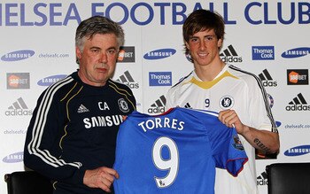 COBHAM, ENGLAND - FEBRUARY 04:  Manager Carlo Ancelotti (L) and Fernando Torres pose for the media at the Chelsea Press Conference on February 4, 2011 in Cobham, England.  (Photo by Dean Mouhtaropoulos/Getty Images)