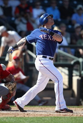 SURPRISE, AZ - MARCH 02:  Josh Hamilton #32 of the Texas Rangers bats during the spring training game against the Los Angeles Angels of Anaheim at Surprise Stadium on March 2, 2011 in Surprise, Arizona.  (Photo by Christian Petersen/Getty Images)