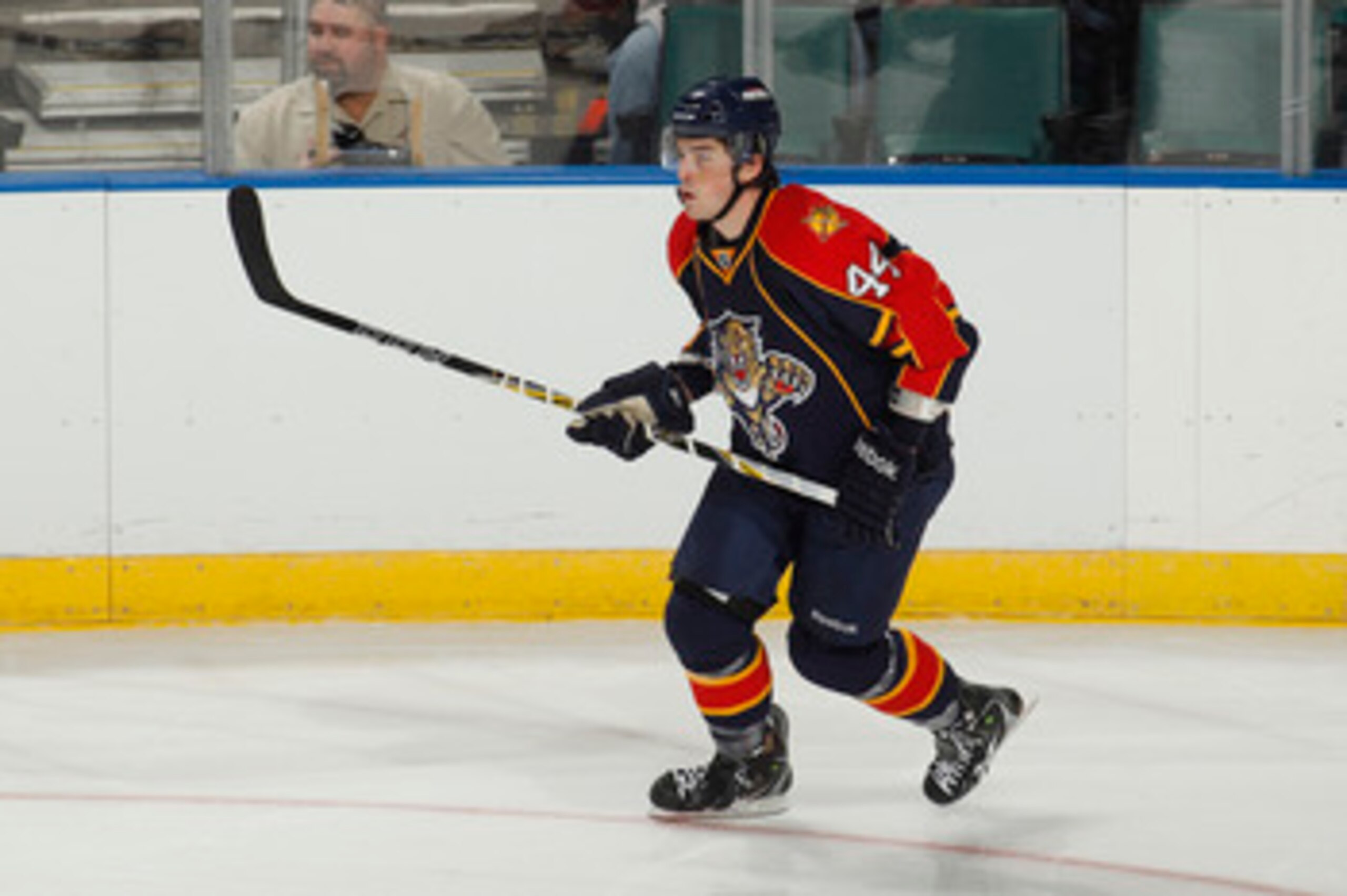 SUNRISE, FL - OCTOBER 1: Erik Gudbranson #44 of the Florida Panthers skates up ice against the Tampa Bay Lightning during a pre season game on October 1, 2010 at the BankAtlantic Center in Sunrise, Florida. The Lightning defeated the Panthers 2-1 in overt