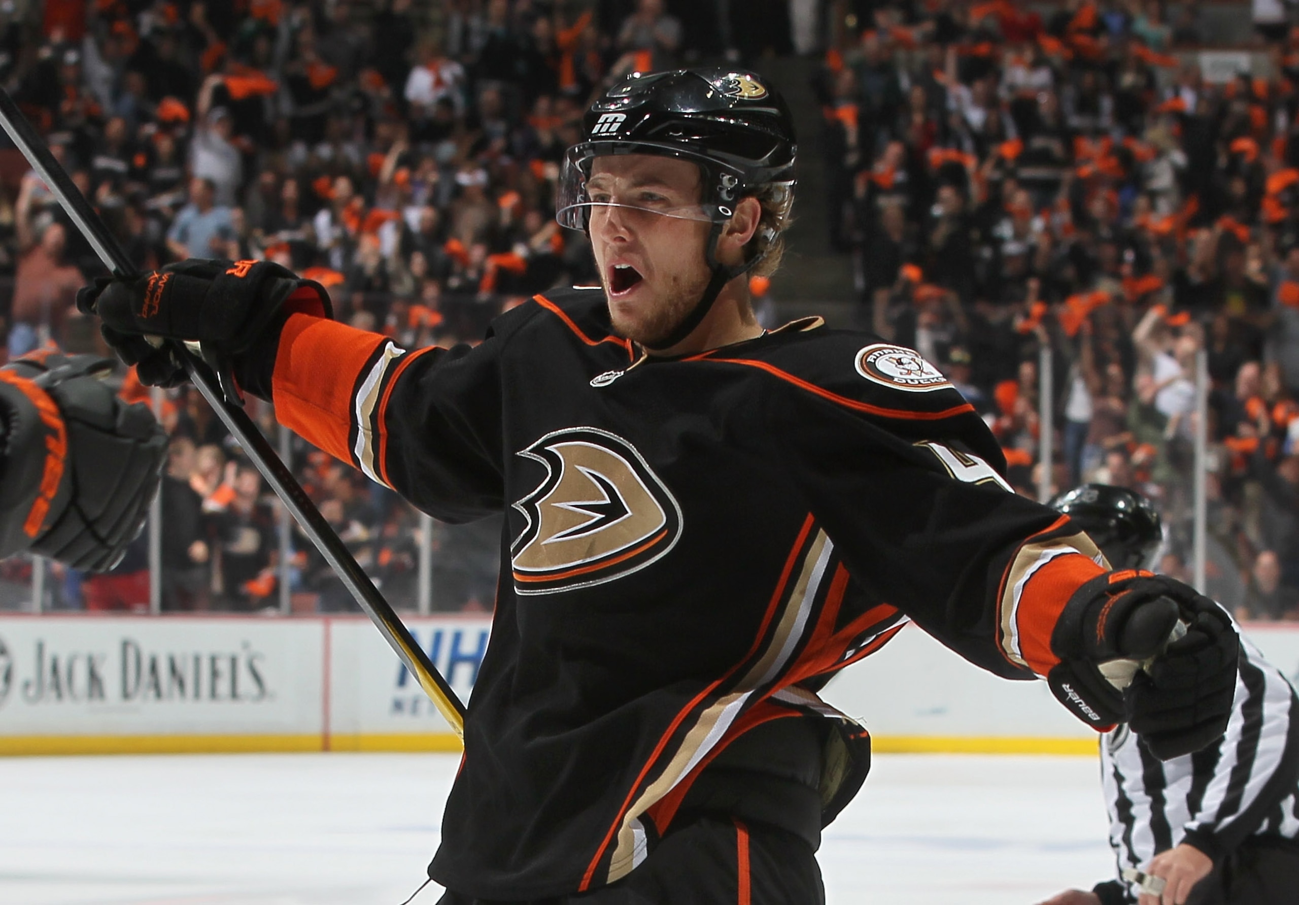 ANAHEIM, CA - APRIL 15:  Cam Fowler #4 of the Anaheim Ducks celebrates Teemu Selanne's goal against the Nashville Predators in the first period of Game Two of the Western Conference Quarterfinals during the 2011 NHL Stanley Cup Playoffs at Honda Center on