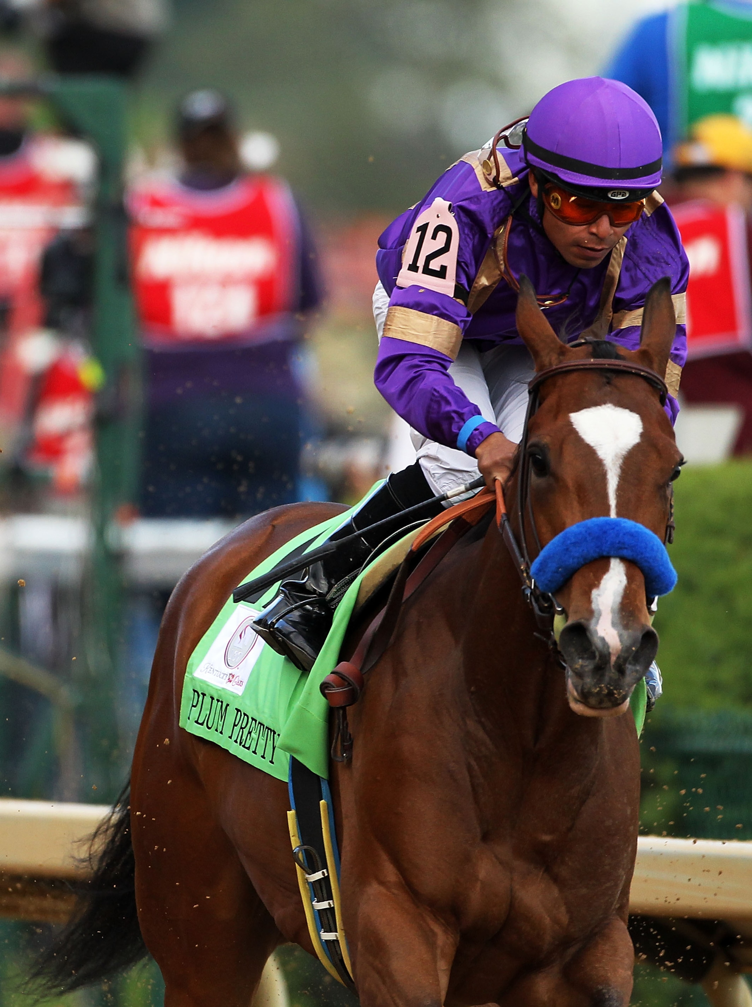 LOUISVILLE, KY - MAY 06:  Jockey Martin Garcia, riding Plum Pretty #12 celebrate their win in the 137th Kentucky Oaks at Churchill Downs on May 6, 2011 in Louisville, Kentucky.  (Photo by Al Bello/Getty Images)