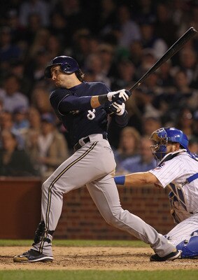 CHICAGO, IL - JUNE 14:  Ryan Braun #8 of the Milwaukee Brewers hits the ball against the Chicago Cubs at Wrigley Field on June 14, 2011 in Chicago, Illinois. The Cubs defeated the Brewers 5-4 in 10 innings.  (Photo by Jonathan Daniel/Getty Images)