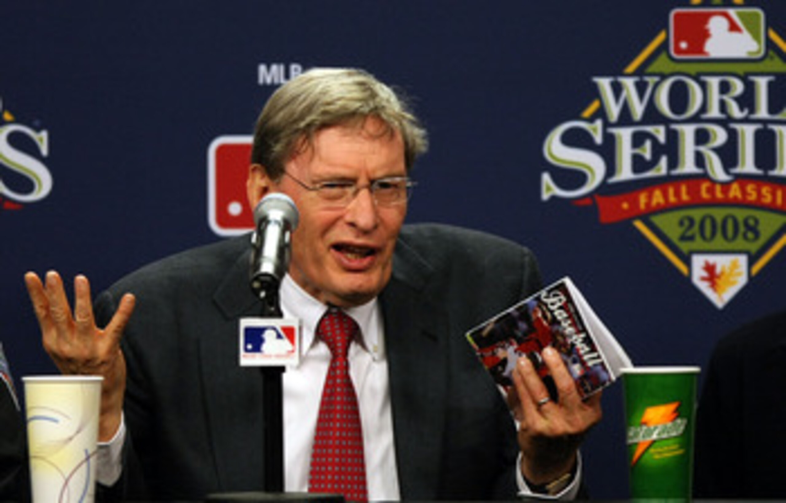 PHILADELPHIA - OCTOBER 27:  Major League Baseball commissioner Bud Selig explains the rules involved with suspending game five of the 2008 MLB World Series between the Philadelphia Phillies and the Tampa Bay Rays till 8:00 pm (EST) on October 28 at the ea