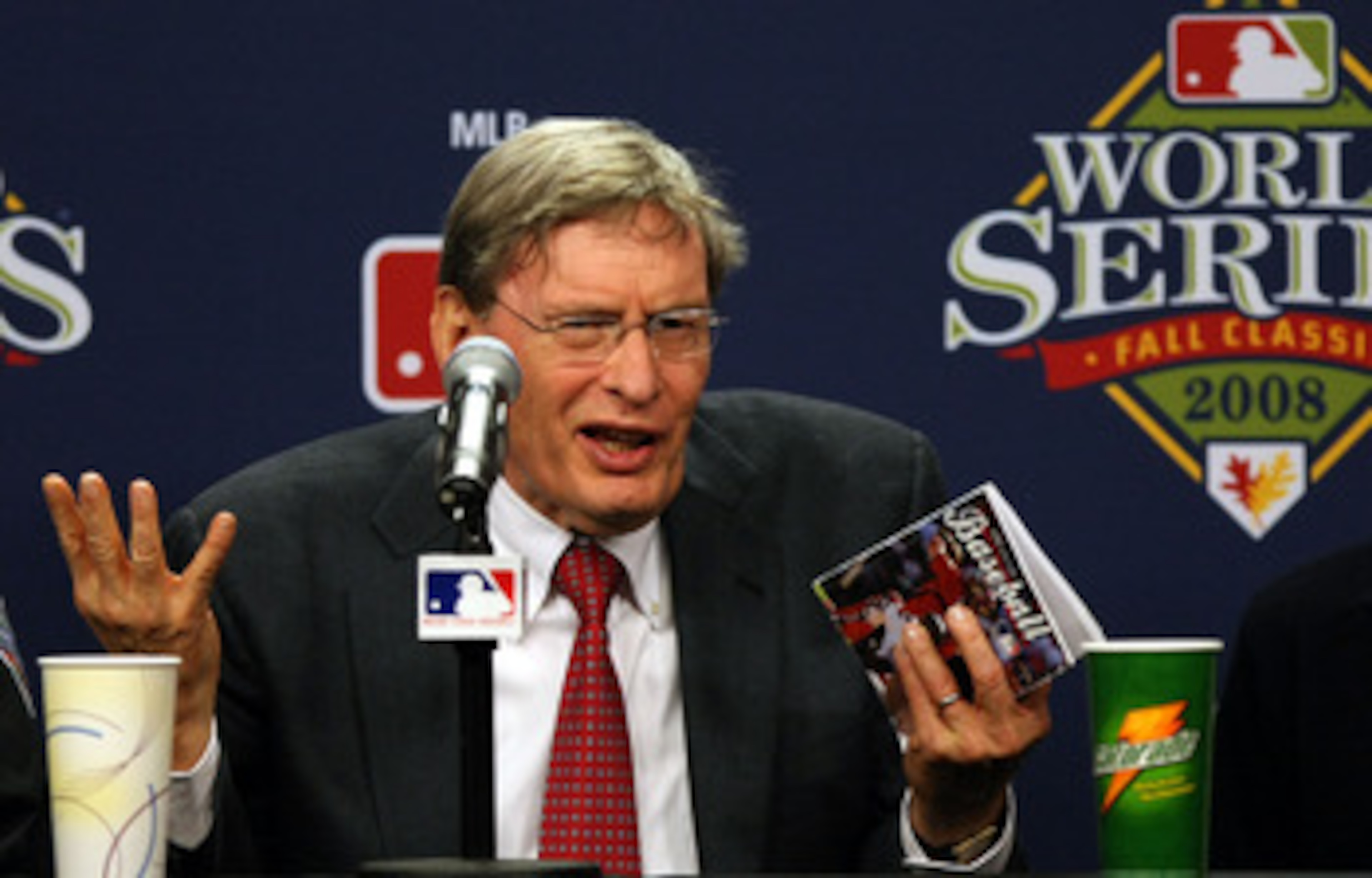 PHILADELPHIA - OCTOBER 27:  Major League Baseball commissioner Bud Selig explains the rules involved with suspending game five of the 2008 MLB World Series between the Philadelphia Phillies and the Tampa Bay Rays till 8:00 pm (EST) on October 28 at the ea