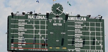 CHICAGO, IL - JUNE 17:  The scoreboard at Wrigley Field is seen before the Chicago Cubs take on the New York Yankees at Wrigley Field on June 17, 2011 in Chicago, Illinois. The Cubs defeated the Yankees 3-1.  (Photo by Jonathan Daniel/Getty Images)