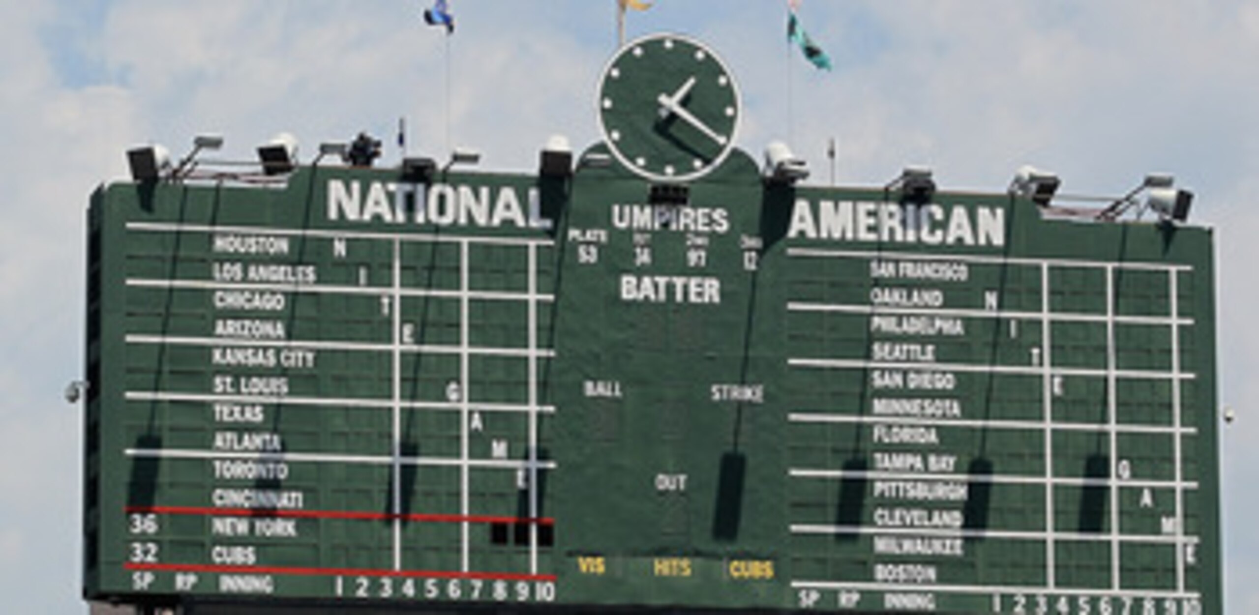 CHICAGO, IL - JUNE 17:  The scoreboard at Wrigley Field is seen before the Chicago Cubs take on the New York Yankees at Wrigley Field on June 17, 2011 in Chicago, Illinois. The Cubs defeated the Yankees 3-1.  (Photo by Jonathan Daniel/Getty Images)