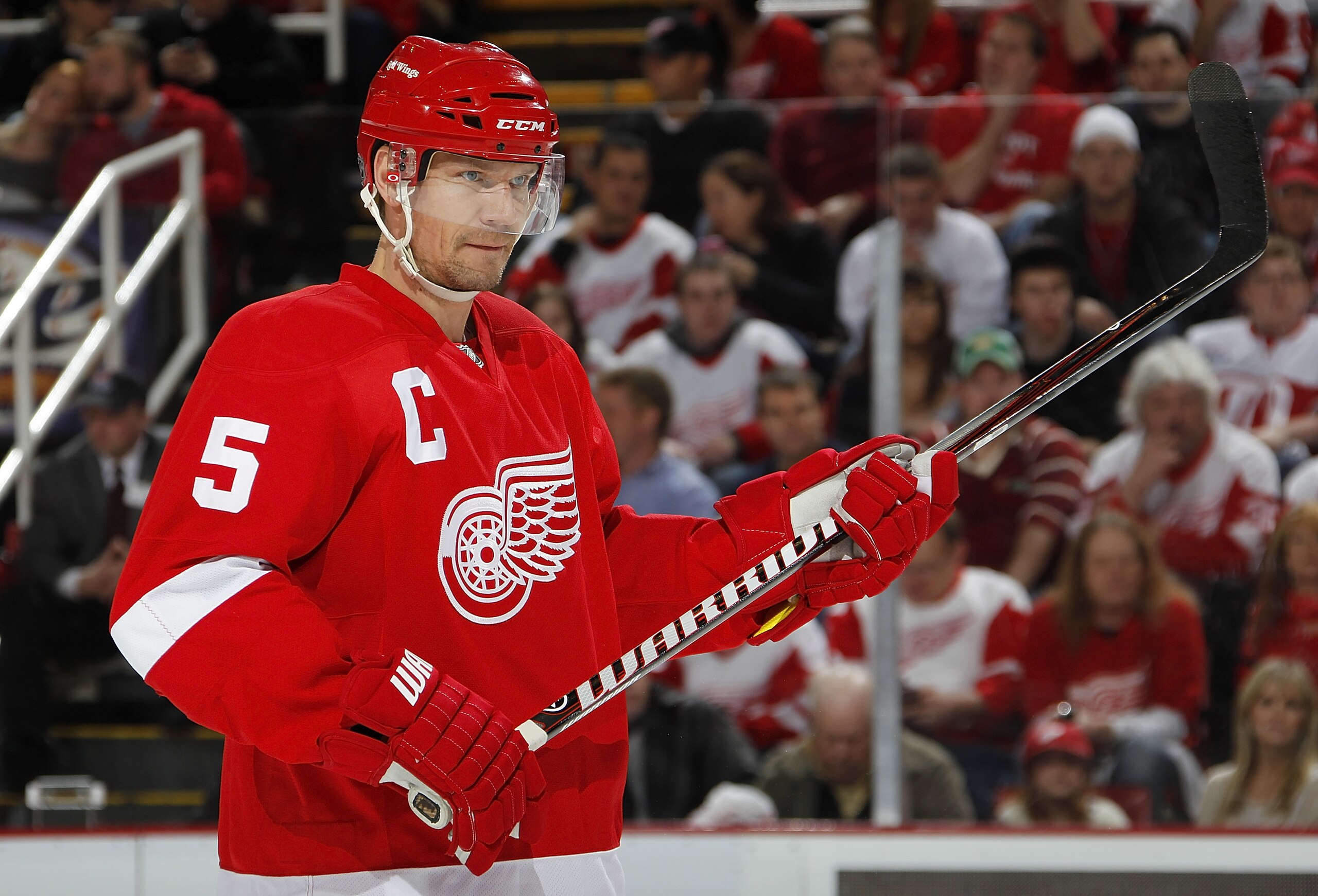 DETROIT, MI - APRIL 16: Nicklas Lidstrom #5 of the Detroit Red Wings looks on the Phoenix Coyotes in Game Two of the Western Conference Quarterfinals during the 2011 Stanley Cup Playoffs at Joe Louis Arena on April 16, 2011 in Detroit, Michigan.  (Photo b