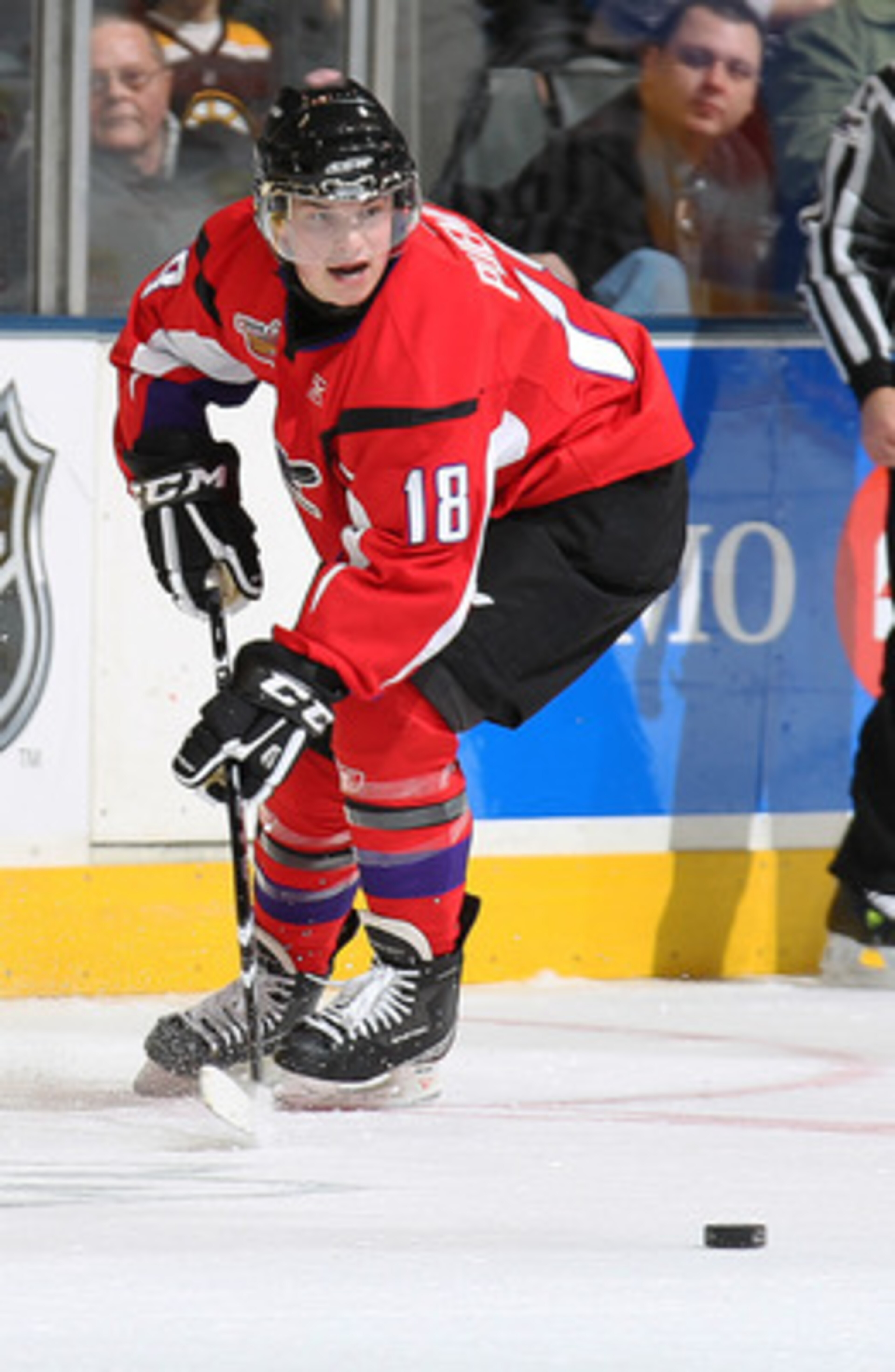 TORONTO, CAN - JANUARY 19:  Matt Puempel #18 of Team Cherry makes a back hand pass against Team Orr in the 2011 Home Hardware Top Prospects game on January 19, 2011 at the Air Canada Centre in Toronto, Canada. Team Orr defeated Team Cherry 7-1. (Photo by