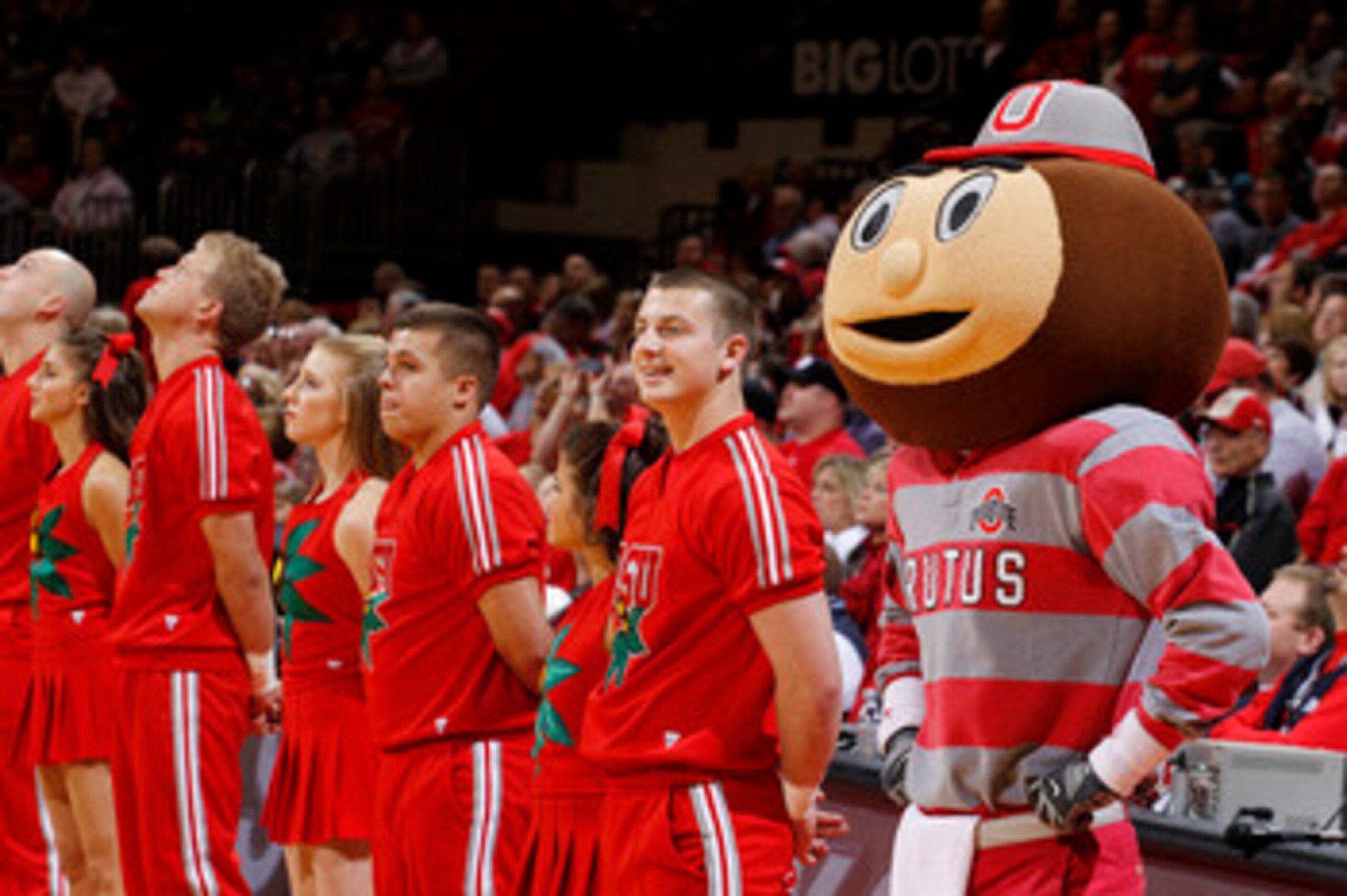 COLUMBUS, OH - NOVEMBER 26: Ohio State Buckeyes mascot Brutus Buckeye looks on with cheerleaders during the game against the Miami RedHawks at Value City Arena on November 26, 2010 in Columbus, Ohio. Ohio State won 66-45. (Photo by Joe Robbins/Getty Image