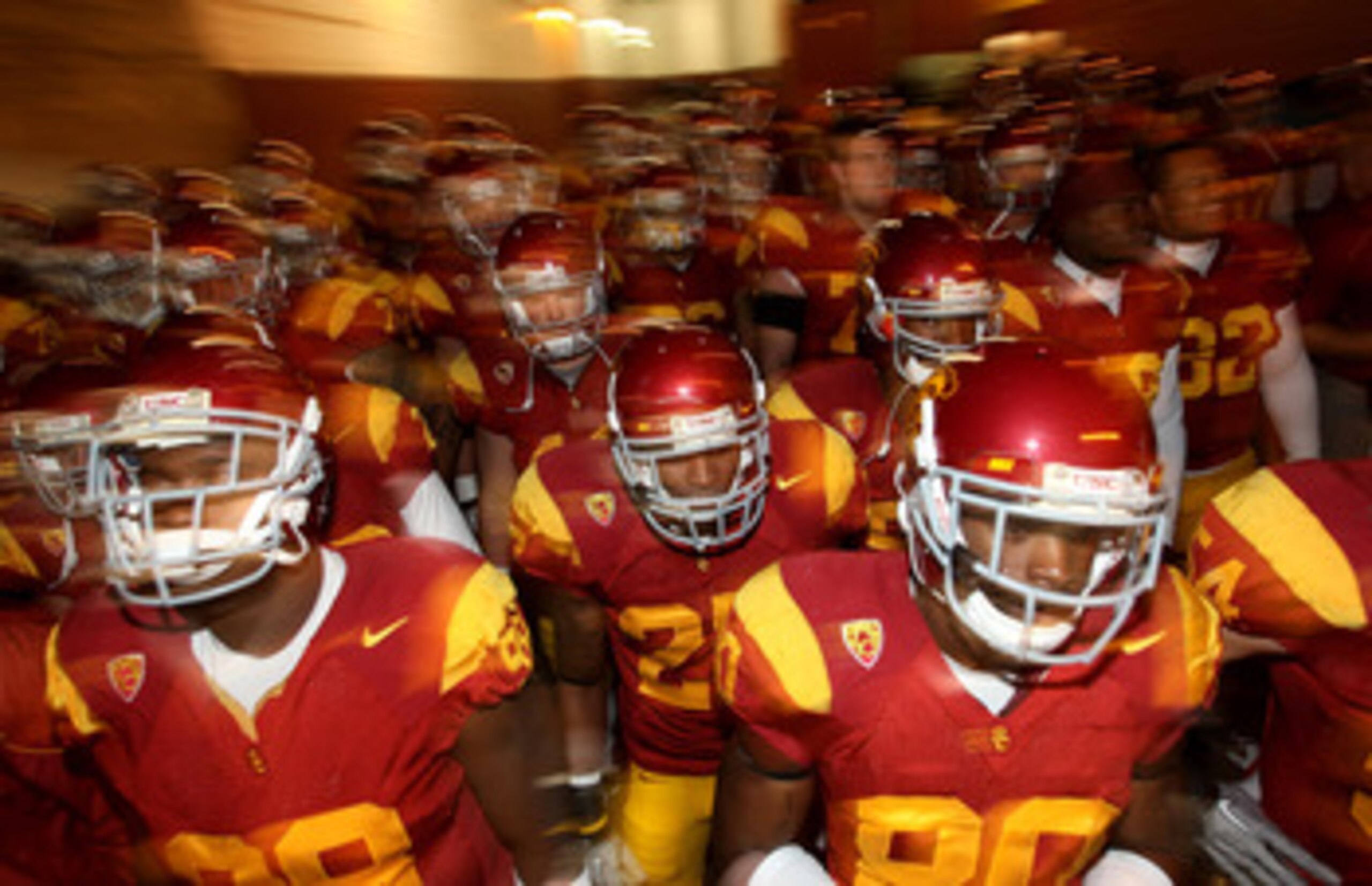 LOS ANGELES, CA - NOVEMBER 27:  The USC Trojans come through the tunnel to the field before the game with the Notre Dame Fighting Irish at the Los Angeles Memorial Coliseum on November 27, 2010 in Los Angeles, California. Notre Dame won 20-16.  (Photo by