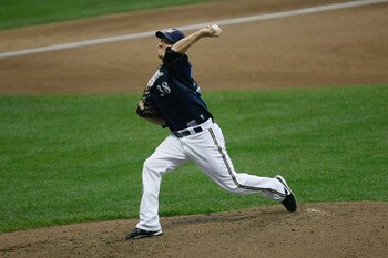 MILWAUKEE, WI - JUNE 20: Chris Narveson #38 of the Milwaukee Brewers pitches against the Tampa Bay Rays at the Miller Park on June 20, 2011 in Milwaukee, Wisconsin. (Photo by Scott Boehm/Getty Images)