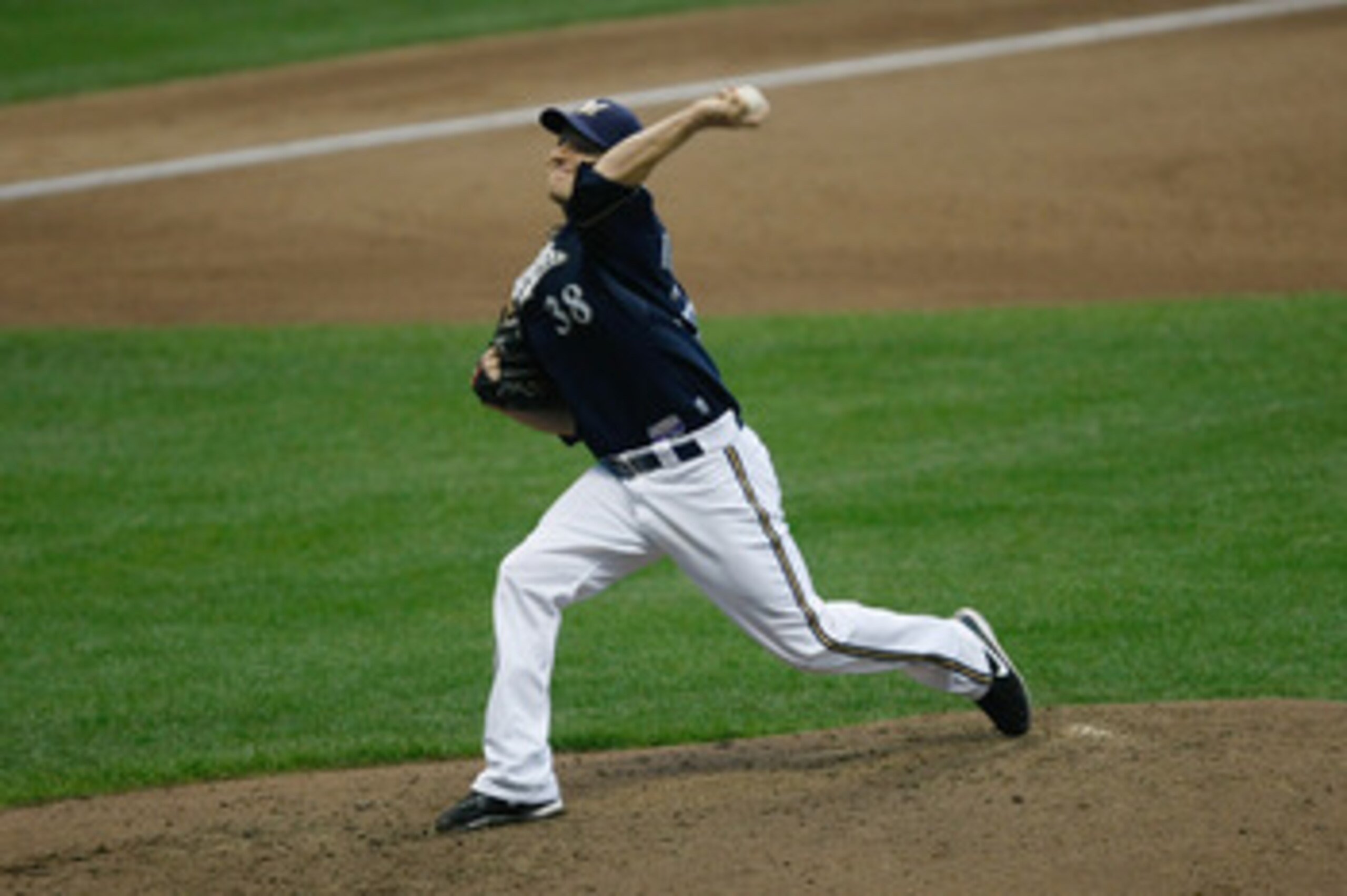 MILWAUKEE, WI - JUNE 20: Chris Narveson #38 of the Milwaukee Brewers pitches against the Tampa Bay Rays at the Miller Park on June 20, 2011 in Milwaukee, Wisconsin. (Photo by Scott Boehm/Getty Images)