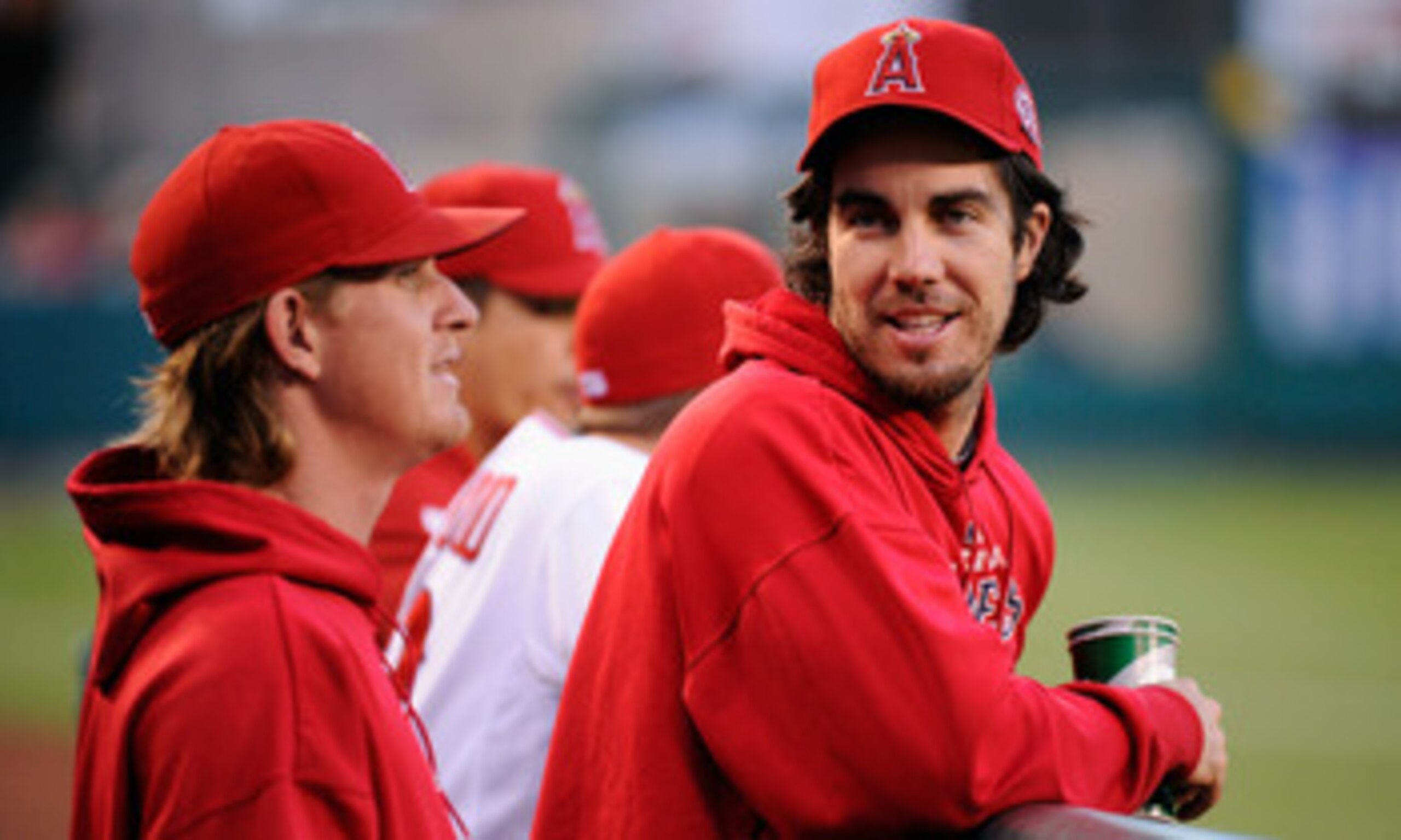 ANAHEIM, CA - MAY 25:  Pitchers Dan Harren #24 (R) and Jared Weaver #36 of the Los Angeles Angels of Anaheim during the baseball game against the Oakland Athletics at Angel Stadium of Anaheim on May 25, 2011 in Anaheim, California.  (Photo by Kevork Djans