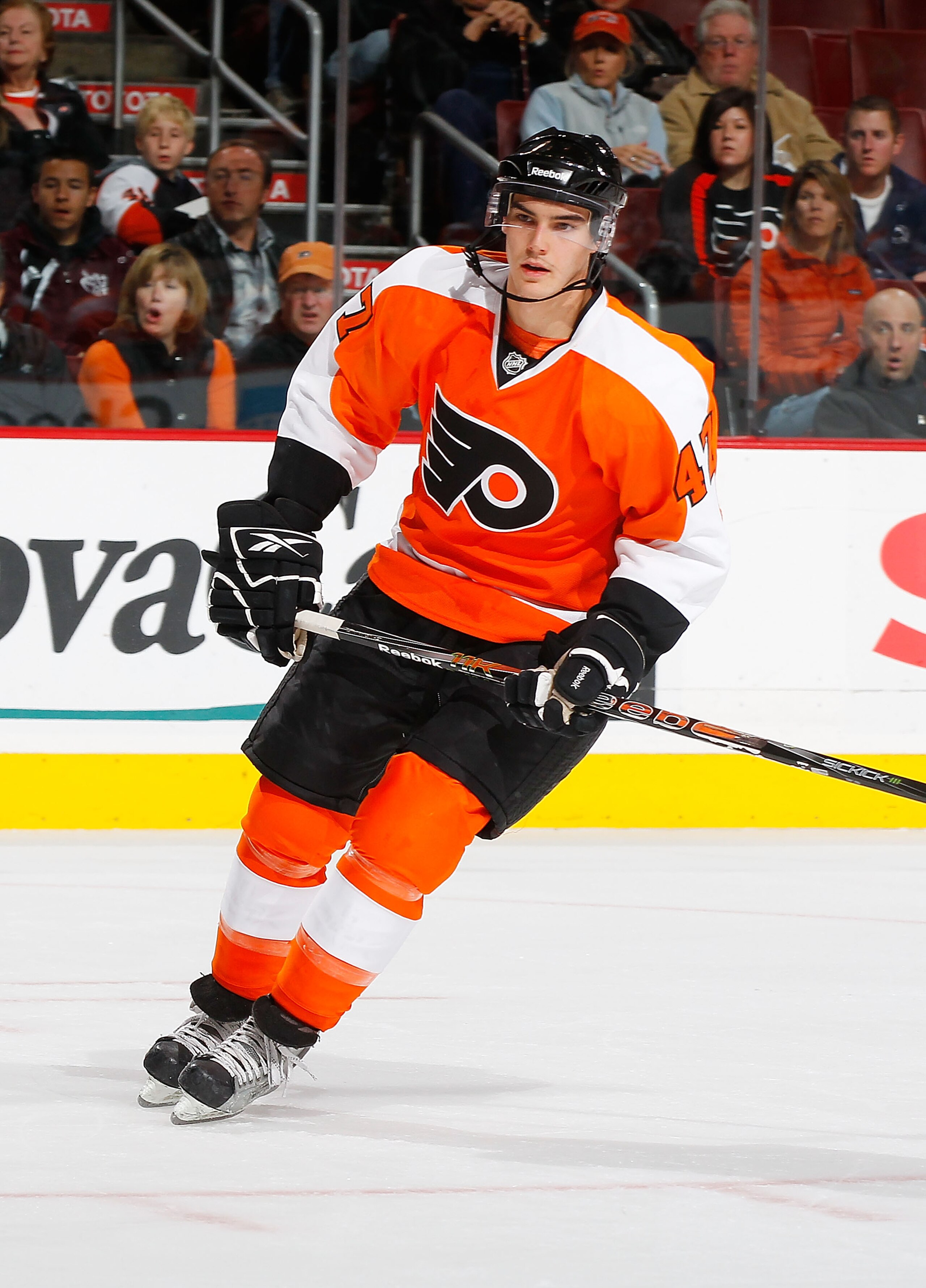PHILADELPHIA - NOVEMBER 01:  Eric Wellwood #47 of the Philadelphia Flyers skates against the Carolina Hurricanes in his first NHL game on November 1, 2010 at the Wells Fargo Center in Philadelphia, Pennsylvania. Flyers defeat the Hurricanes 3-2.  (Photo b